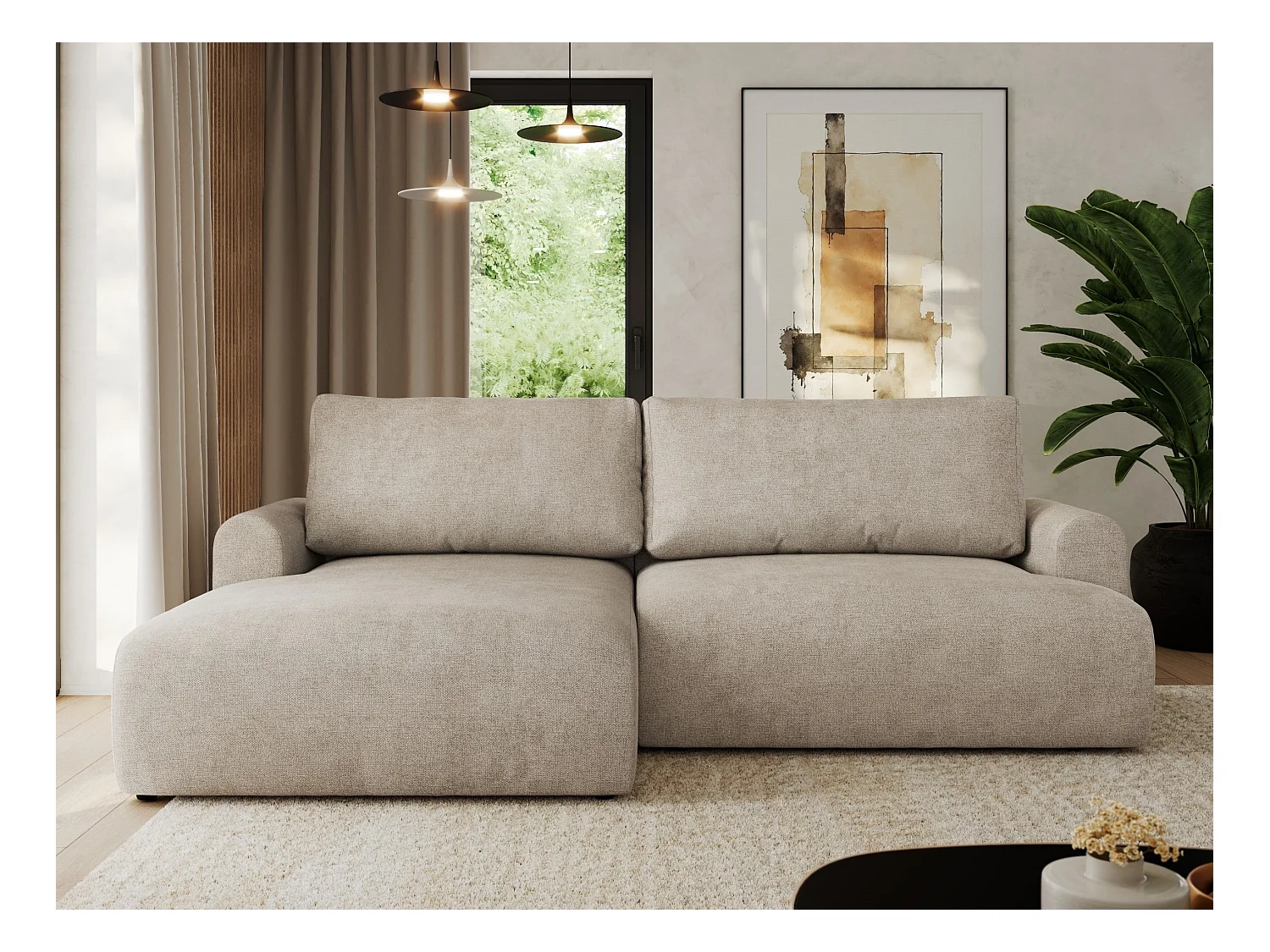 Ecksofa TONO - mit Schlaffunktion und Bettkasten, L-form Ecke, Armlehnen - Beige Struktur - Ecke Links