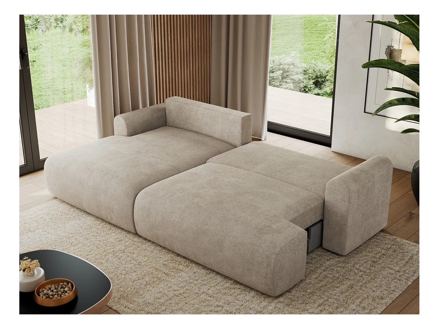 Ecksofa TONO - mit Schlaffunktion und Bettkasten, L-form Ecke, Armlehnen - Beige Struktur - Ecke Links