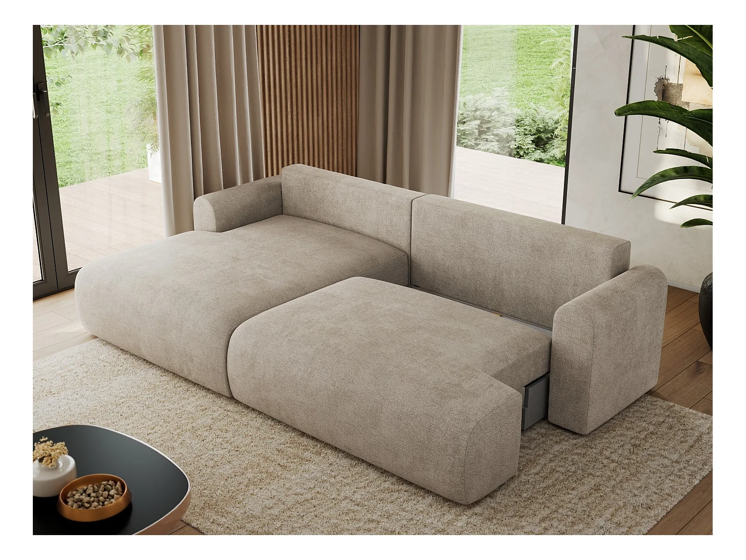 Ecksofa TONO - mit Schlaffunktion und Bettkasten, L-form Ecke, Armlehnen - Beige Struktur - Ecke Links