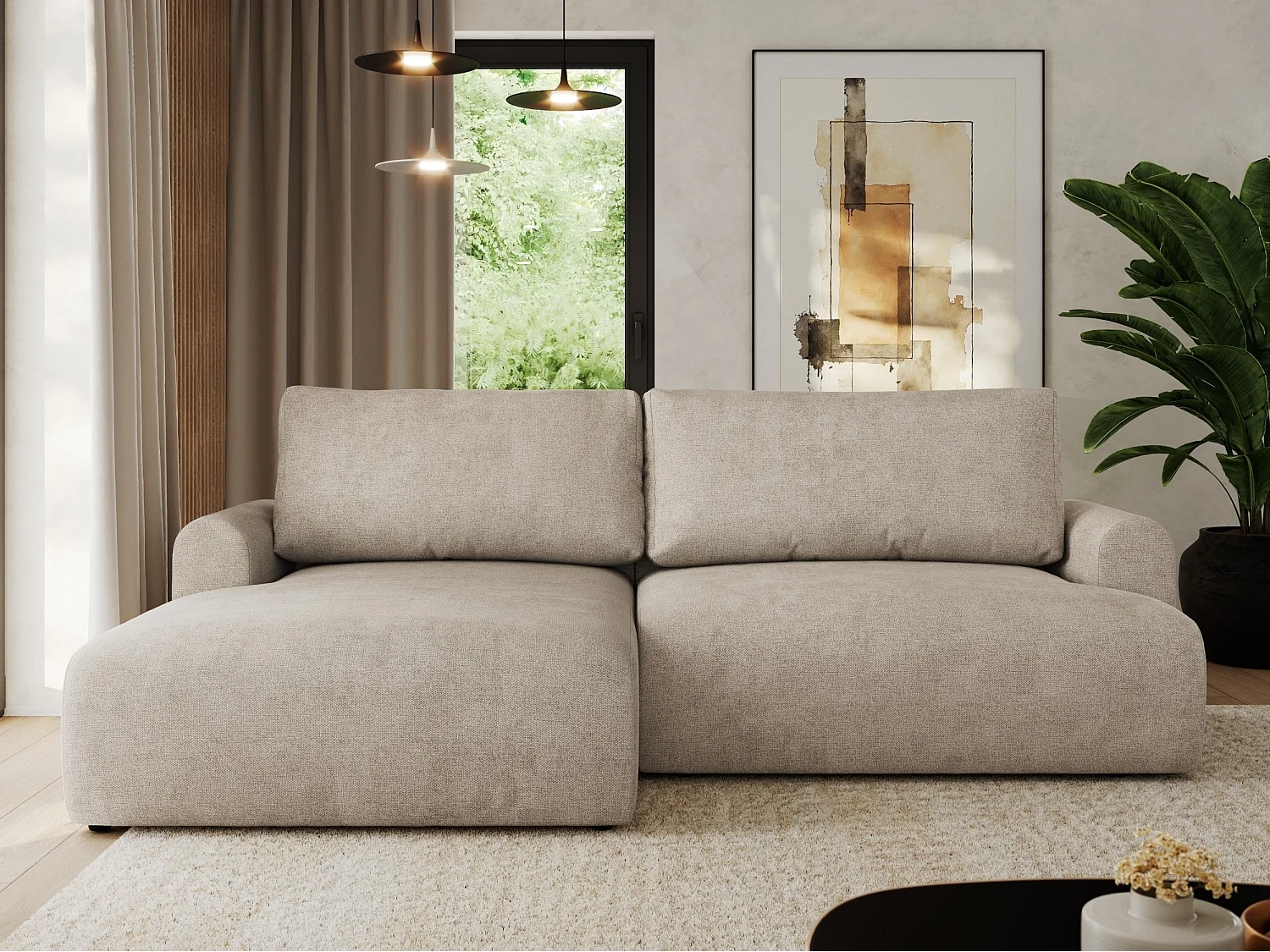 Ecksofa TONO - mit Schlaffunktion und Bettkasten, L-form Ecke, Armlehnen - Beige Struktur - Ecke Links