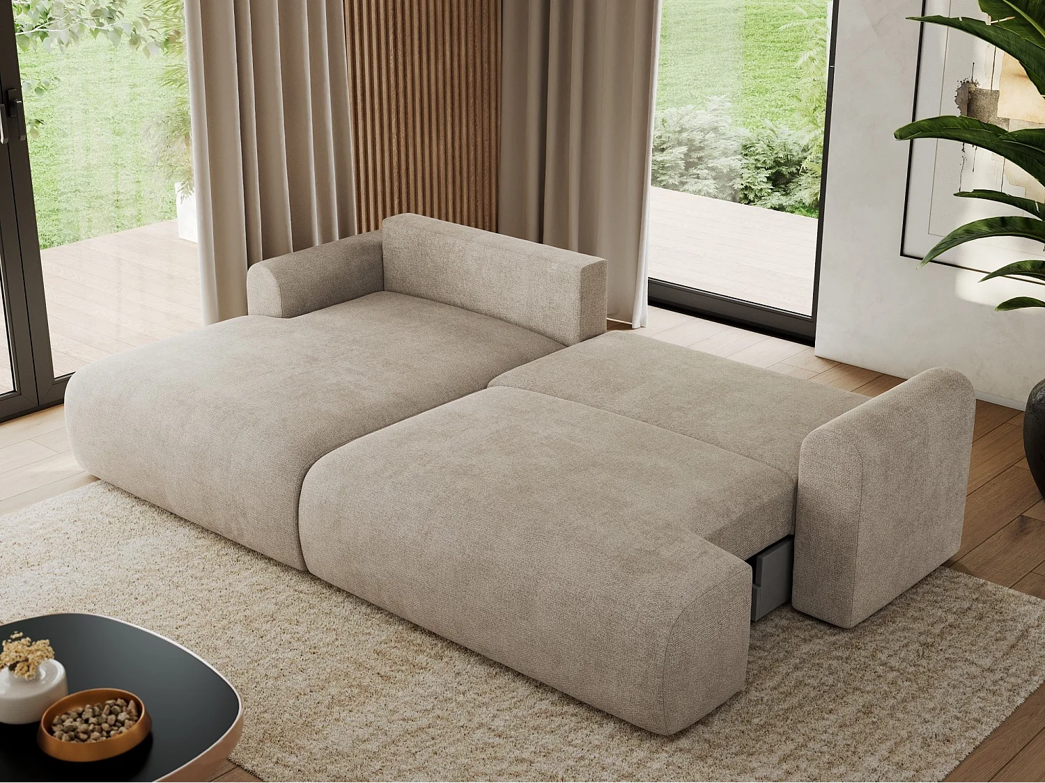 Ecksofa TONO - mit Schlaffunktion und Bettkasten, L-form Ecke, Armlehnen - Beige Struktur - Ecke Links