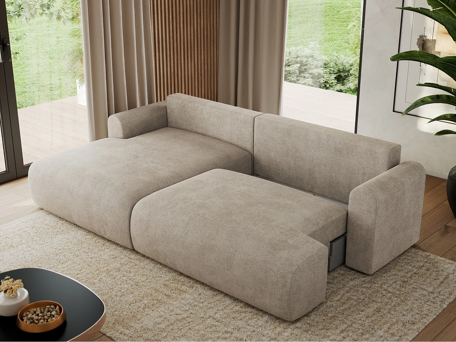 Ecksofa TONO - mit Schlaffunktion und Bettkasten, L-form Ecke, Armlehnen - Beige Struktur - Ecke Links