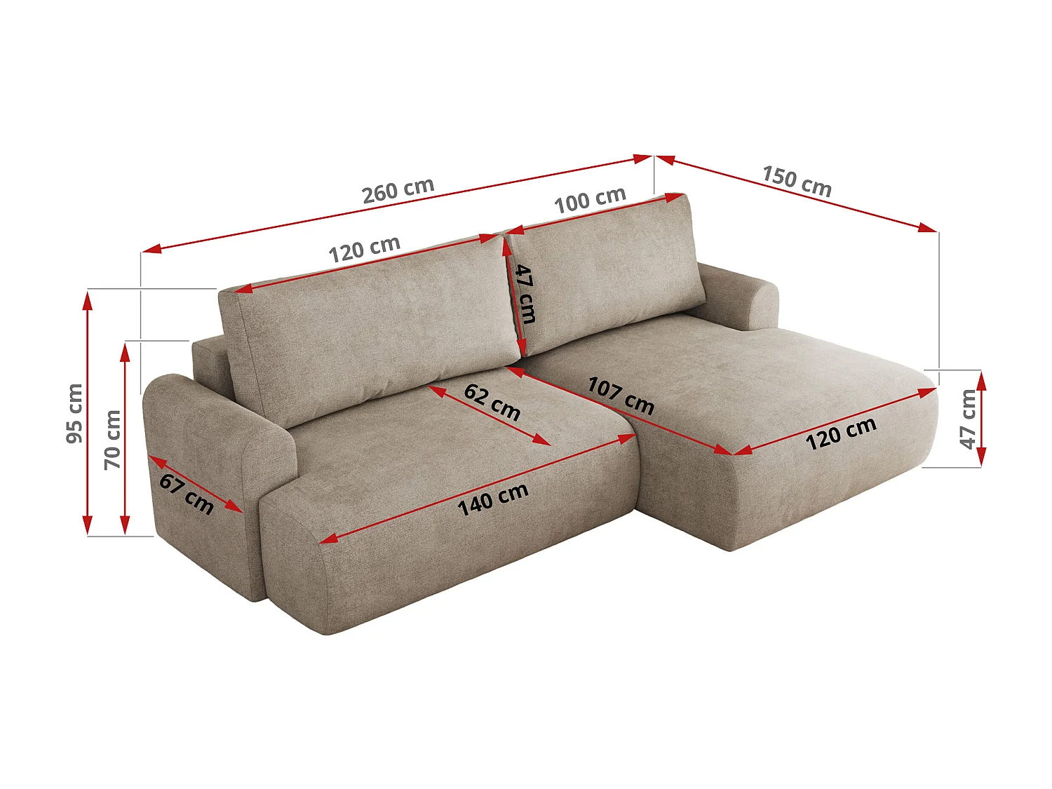 Ecksofa TONO - mit Schlaffunktion und Bettkasten, L-form Ecke, Armlehnen - Beige Struktur - Ecke Links
