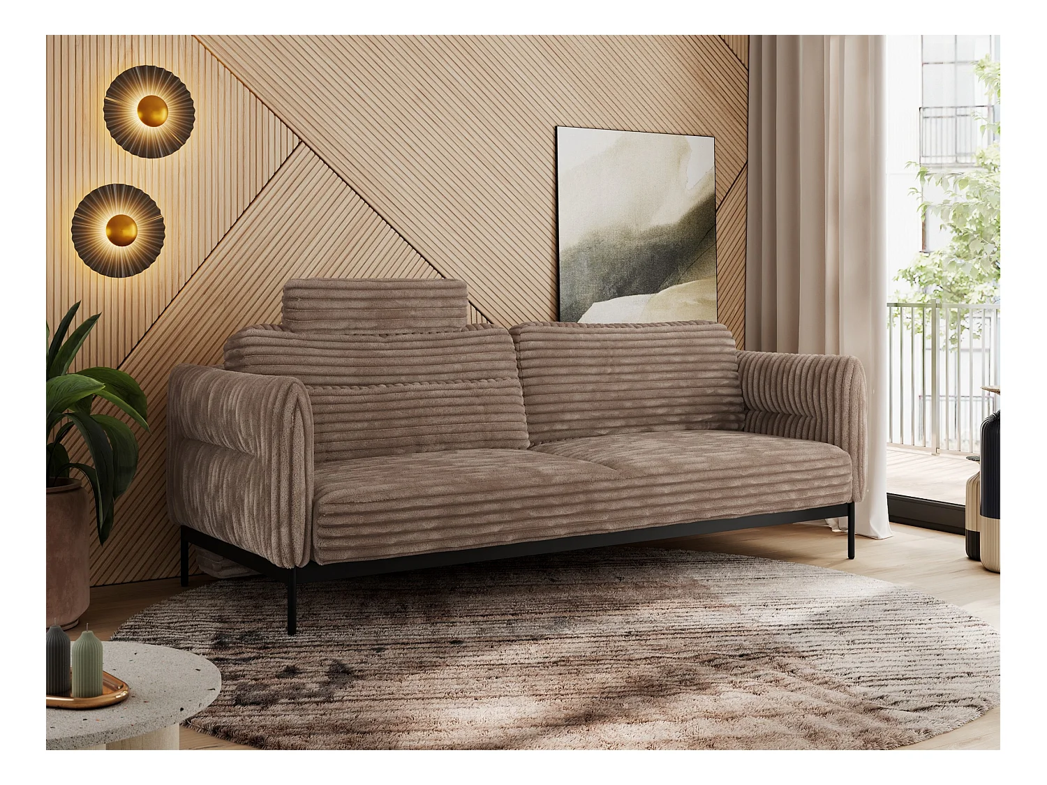 Sofa SALENTO - 3-Sitzer mit Metallbeine, mobile Kopfstütze, Schlafsofa mit lose Kissen - Braun Cord