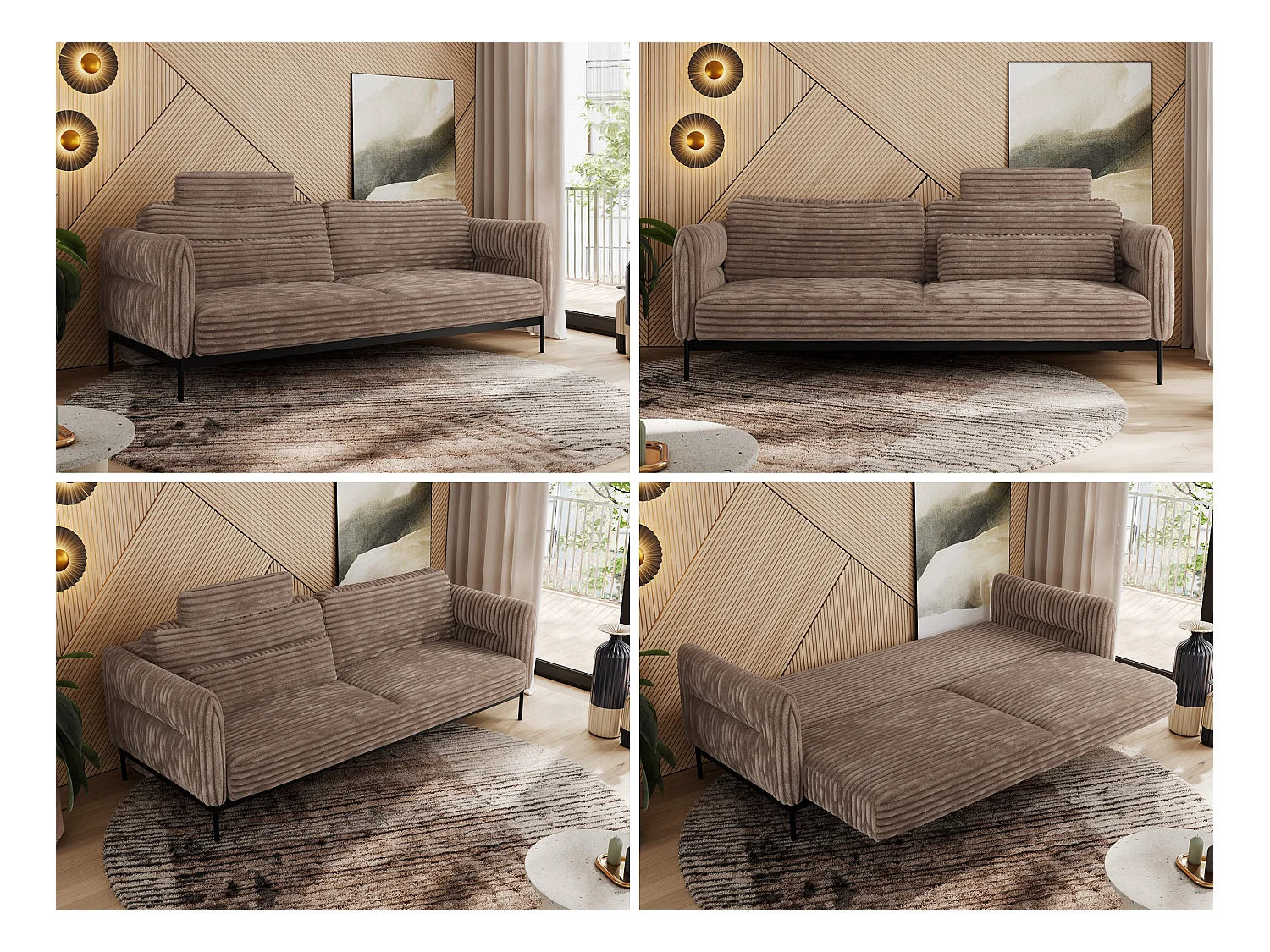 Sofa SALENTO - 3-Sitzer mit Metallbeine, mobile Kopfstütze, Schlafsofa mit lose Kissen - Braun Cord