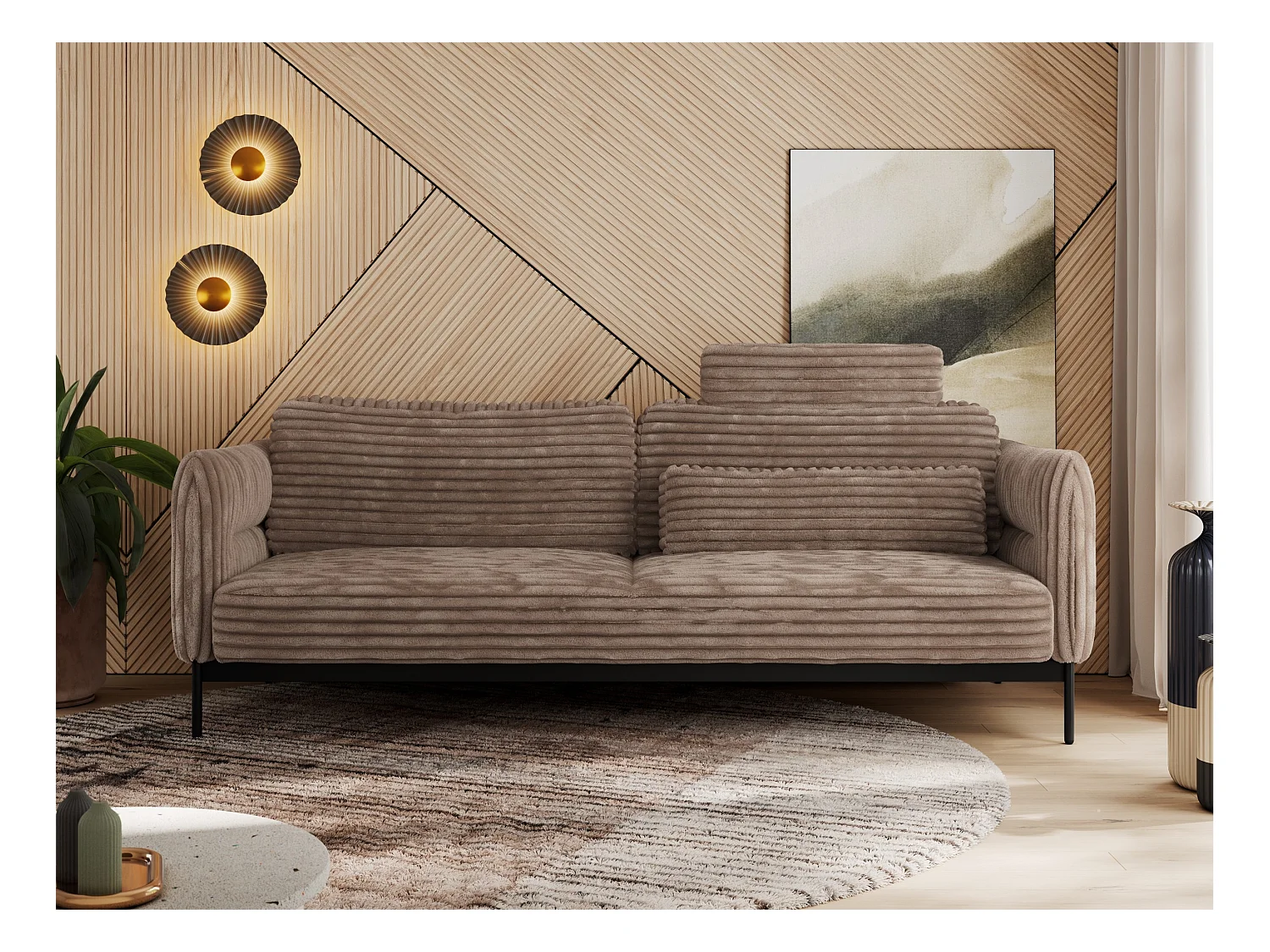 Sofa SALENTO - 3-Sitzer mit Metallbeine, mobile Kopfstütze, Schlafsofa mit lose Kissen - Braun Cord