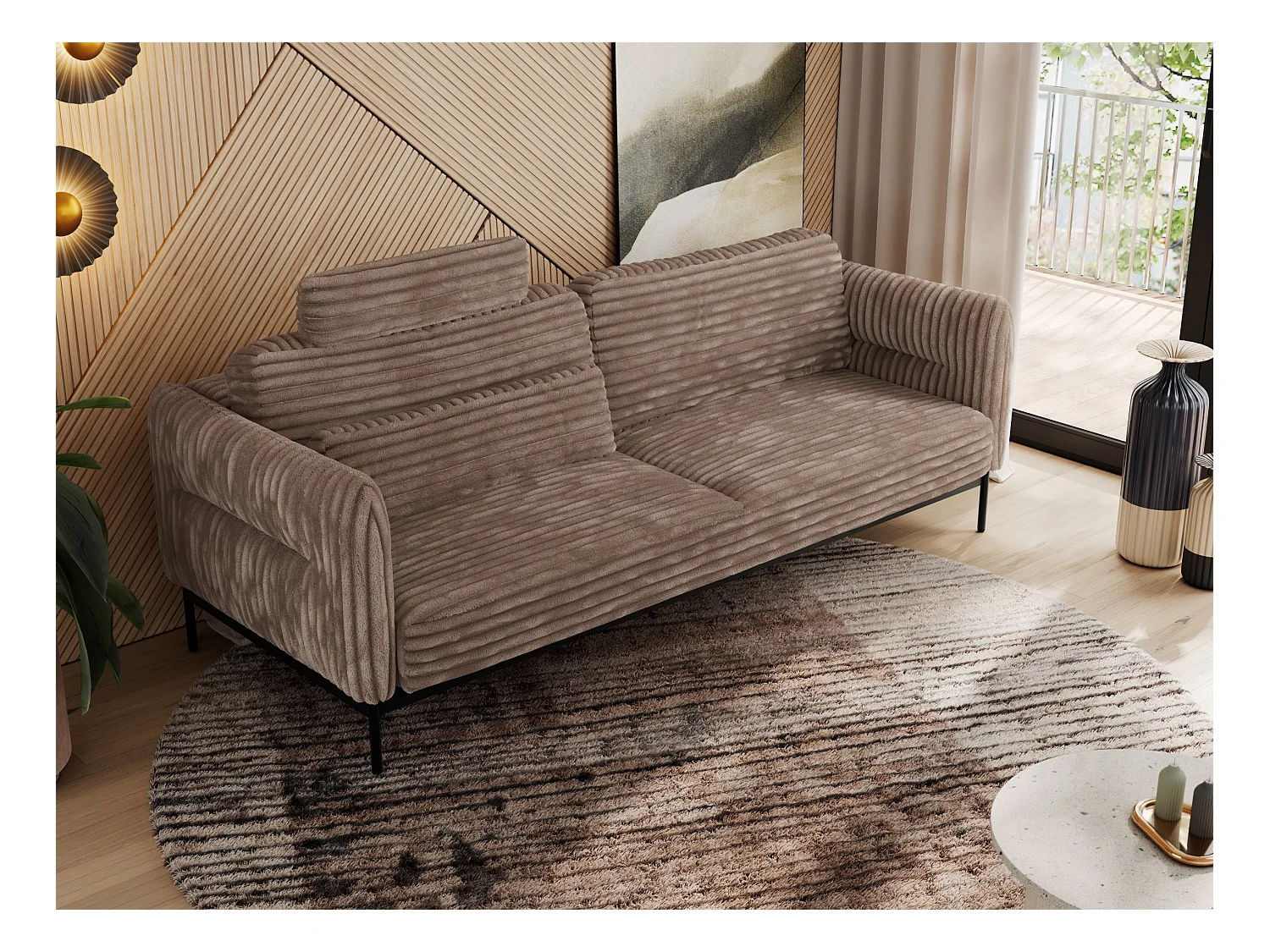 Sofa SALENTO - 3-Sitzer mit Metallbeine, mobile Kopfstütze, Schlafsofa mit lose Kissen - Braun Cord