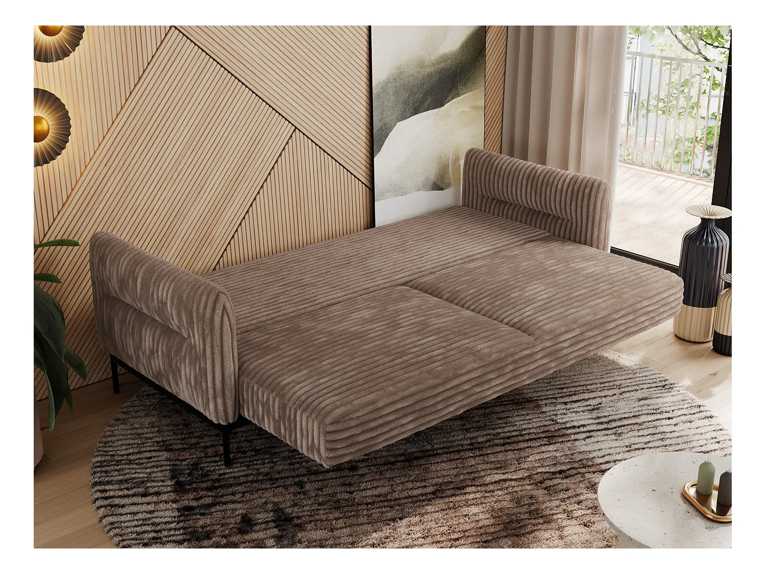 Sofa SALENTO - 3-Sitzer mit Metallbeine, mobile Kopfstütze, Schlafsofa mit lose Kissen - Braun Cord