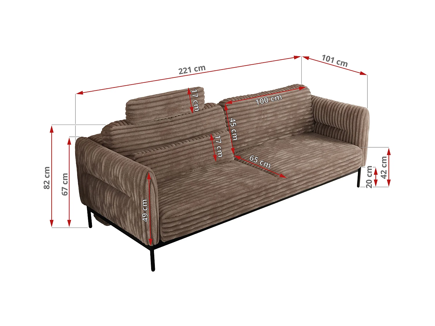 Sofa SALENTO - 3-Sitzer mit Metallbeine, mobile Kopfstütze, Schlafsofa mit lose Kissen - Braun Cord