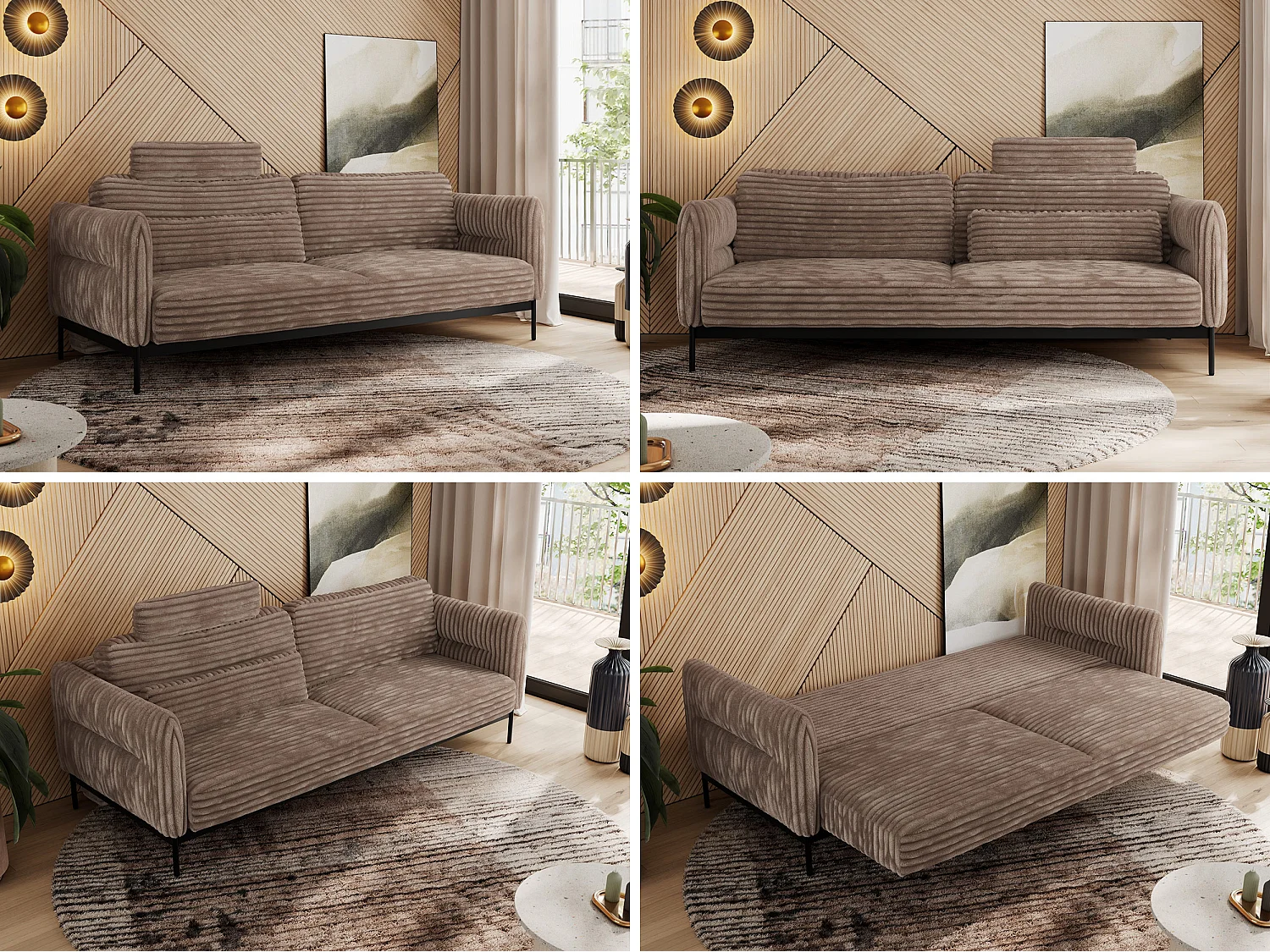 Sofa SALENTO - 3-Sitzer mit Metallbeine, mobile Kopfstütze, Schlafsofa mit lose Kissen - Braun Cord