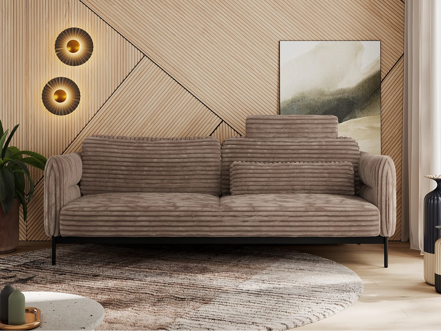 Sofa SALENTO - 3-Sitzer mit Metallbeine, mobile Kopfstütze, Schlafsofa mit lose Kissen - Braun Cord