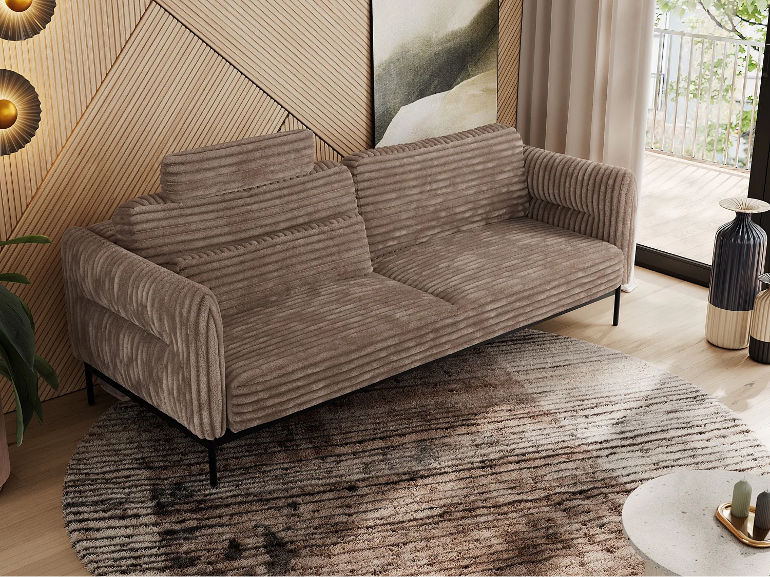 Sofa SALENTO - 3-Sitzer mit Metallbeine, mobile Kopfstütze, Schlafsofa mit lose Kissen - Braun Cord