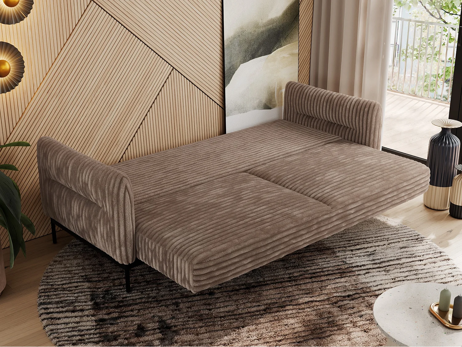 Sofa SALENTO - 3-Sitzer mit Metallbeine, mobile Kopfstütze, Schlafsofa mit lose Kissen - Braun Cord