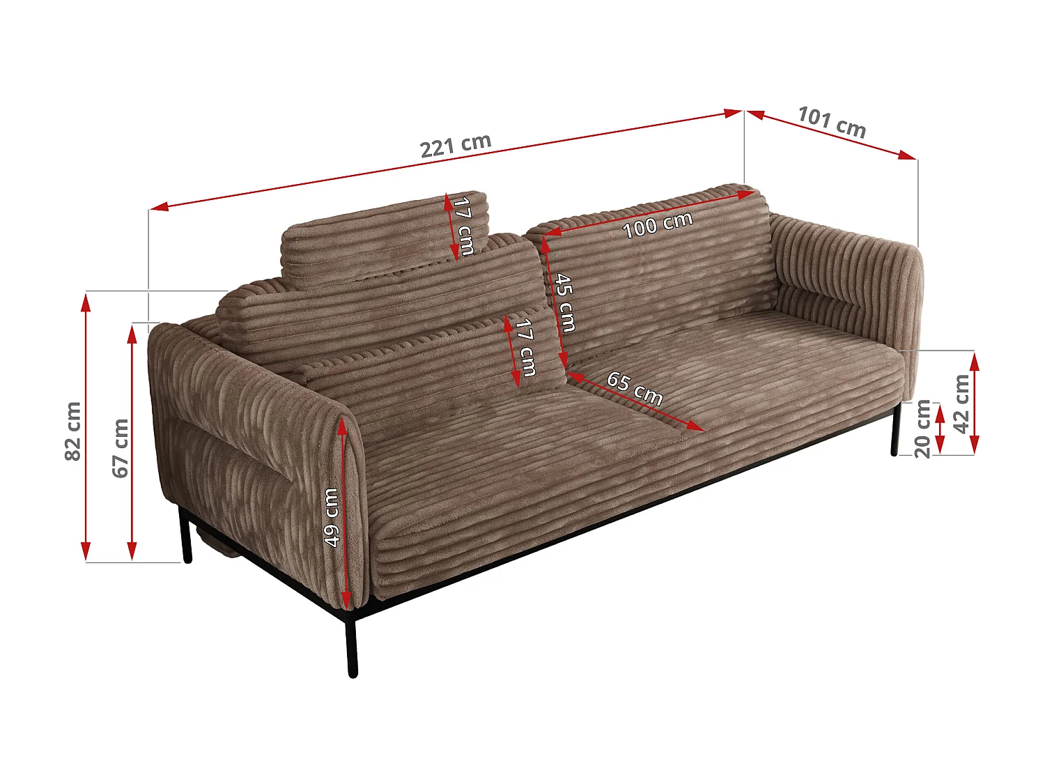 Sofa SALENTO - 3-Sitzer mit Metallbeine, mobile Kopfstütze, Schlafsofa mit lose Kissen - Braun Cord