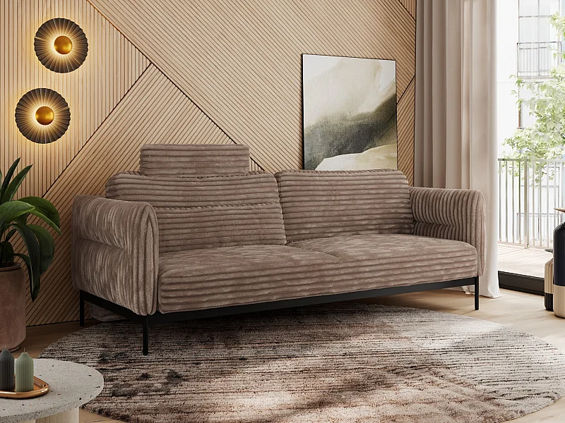 Sofa SALENTO - 3-Sitzer mit Metallbeine, mobile Kopfstütze, Schlafsofa mit lose Kissen - Braun Cord