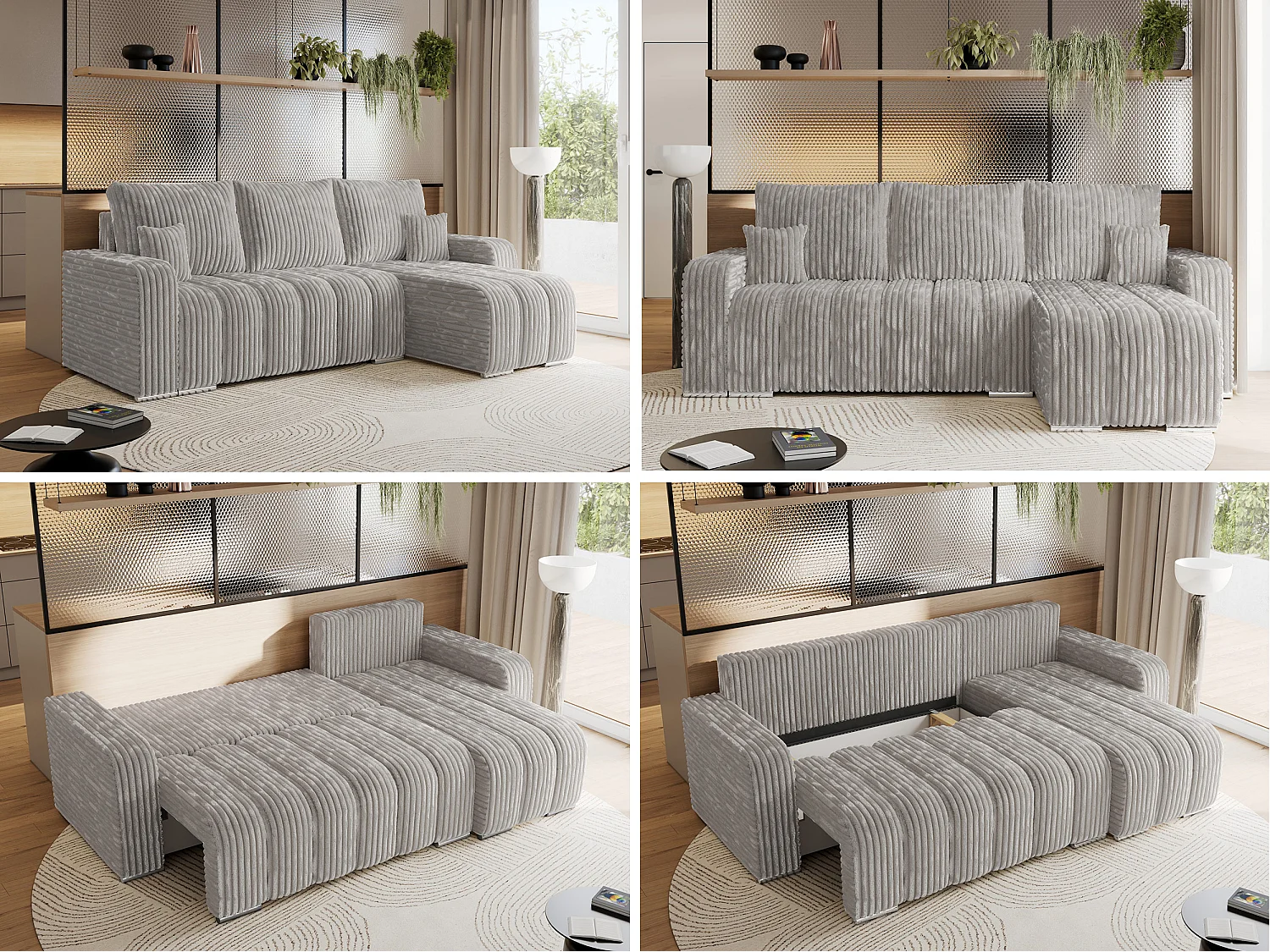 Ecksofa KIRASSO - universelles mit Schlaffunktion und Bettkasten, lose Kissen, Armlehnen - Hellgrau Cord