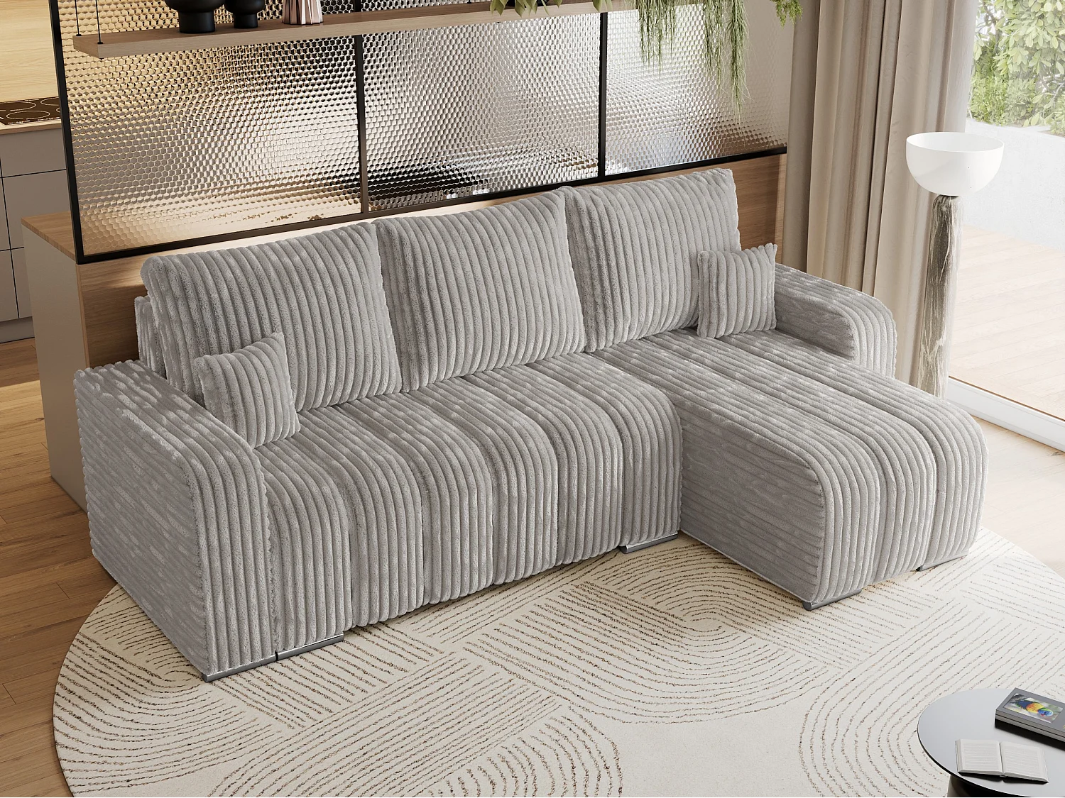 Ecksofa KIRASSO - universelles mit Schlaffunktion und Bettkasten, lose Kissen, Armlehnen - Hellgrau Cord