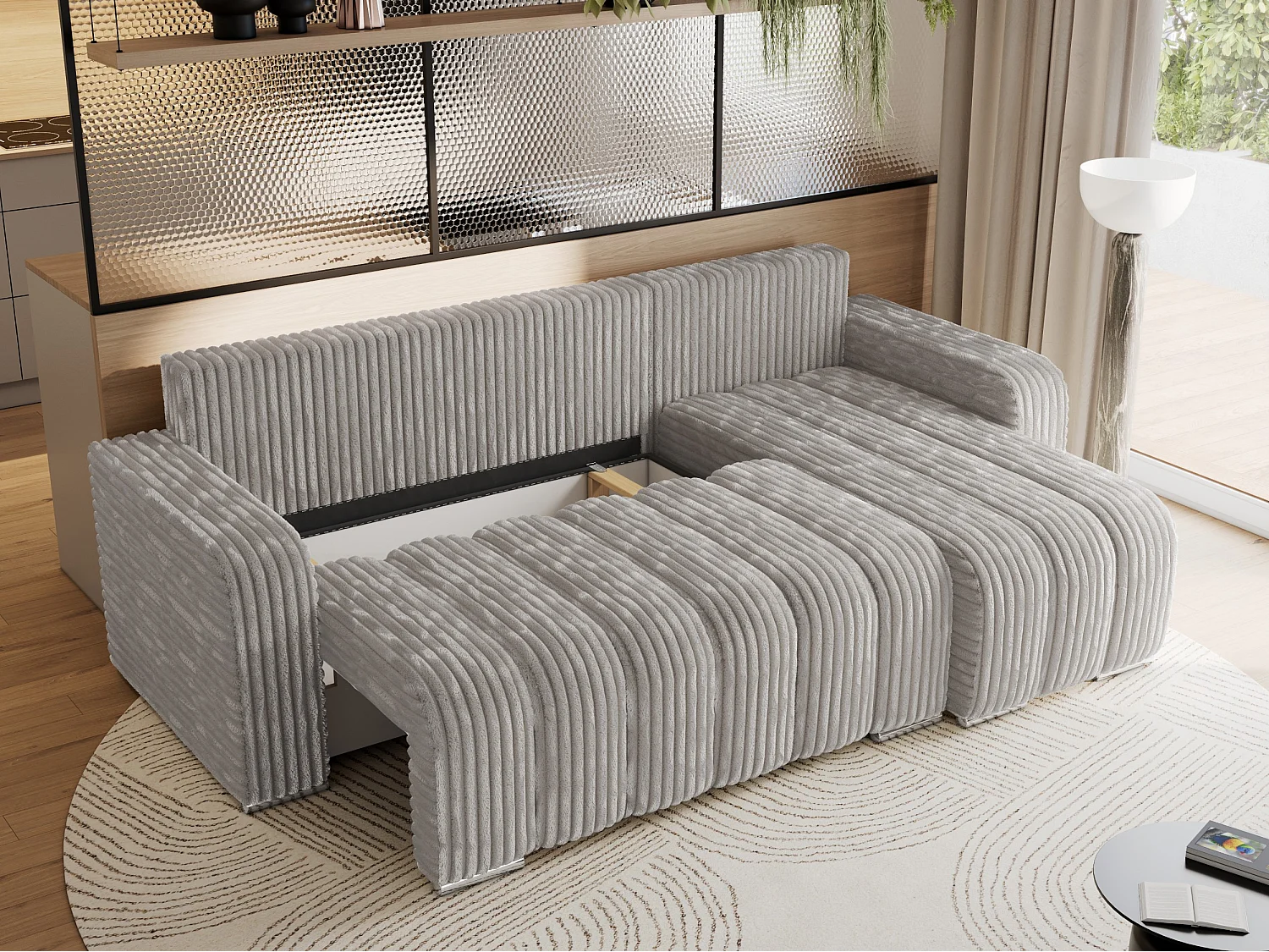 Ecksofa KIRASSO - universelles mit Schlaffunktion und Bettkasten, lose Kissen, Armlehnen - Hellgrau Cord