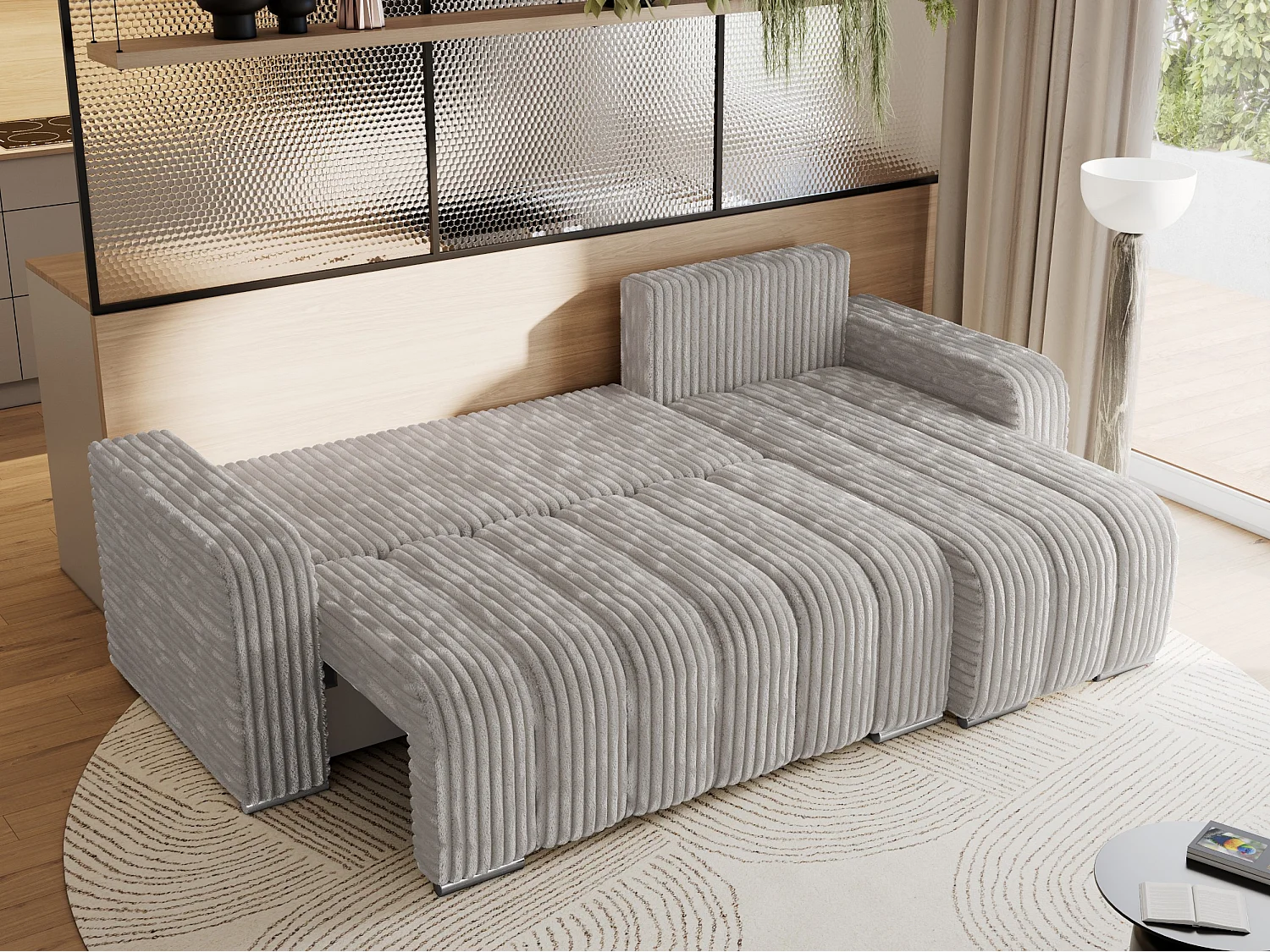 Ecksofa KIRASSO - universelles mit Schlaffunktion und Bettkasten, lose Kissen, Armlehnen - Hellgrau Cord