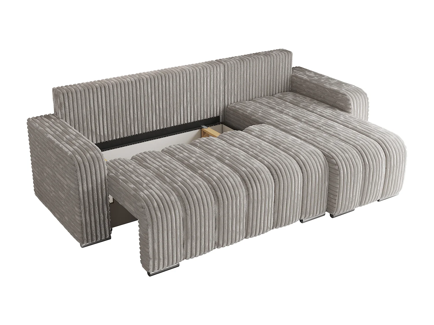 Ecksofa KIRASSO - universelles mit Schlaffunktion und Bettkasten, lose Kissen, Armlehnen - Hellgrau Cord