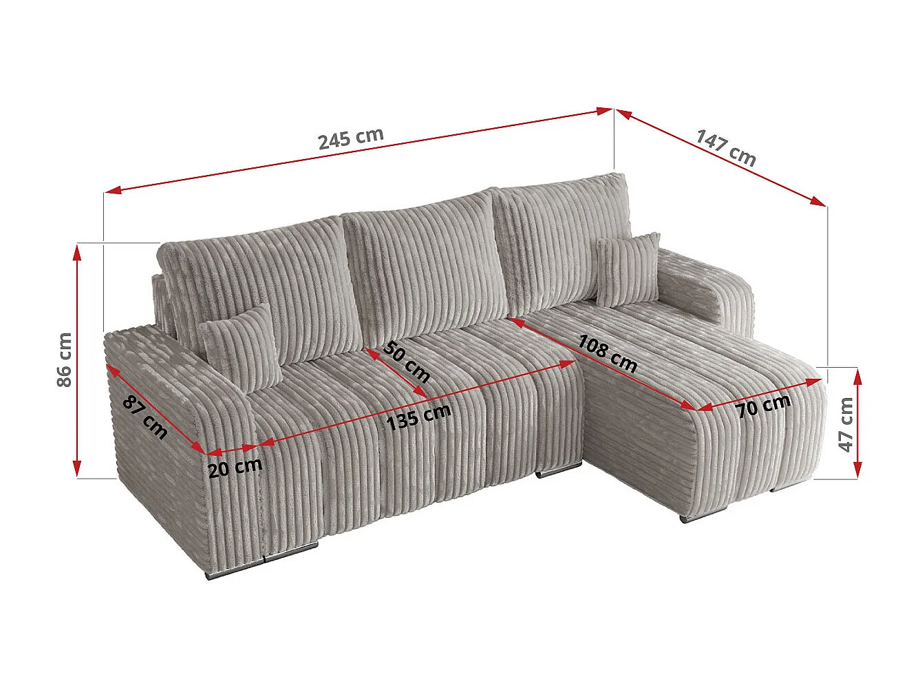 Ecksofa KIRASSO - universelles mit Schlaffunktion und Bettkasten, lose Kissen, Armlehnen - Hellgrau Cord