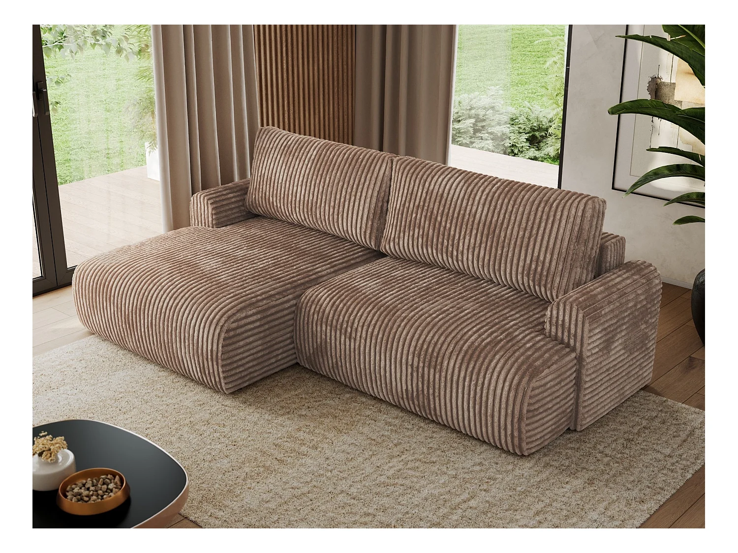 Ecksofa TONO - mit Schlaffunktion und Bettkasten, L-form Ecke, Armlehnen - Braun Cord - Ecke Links