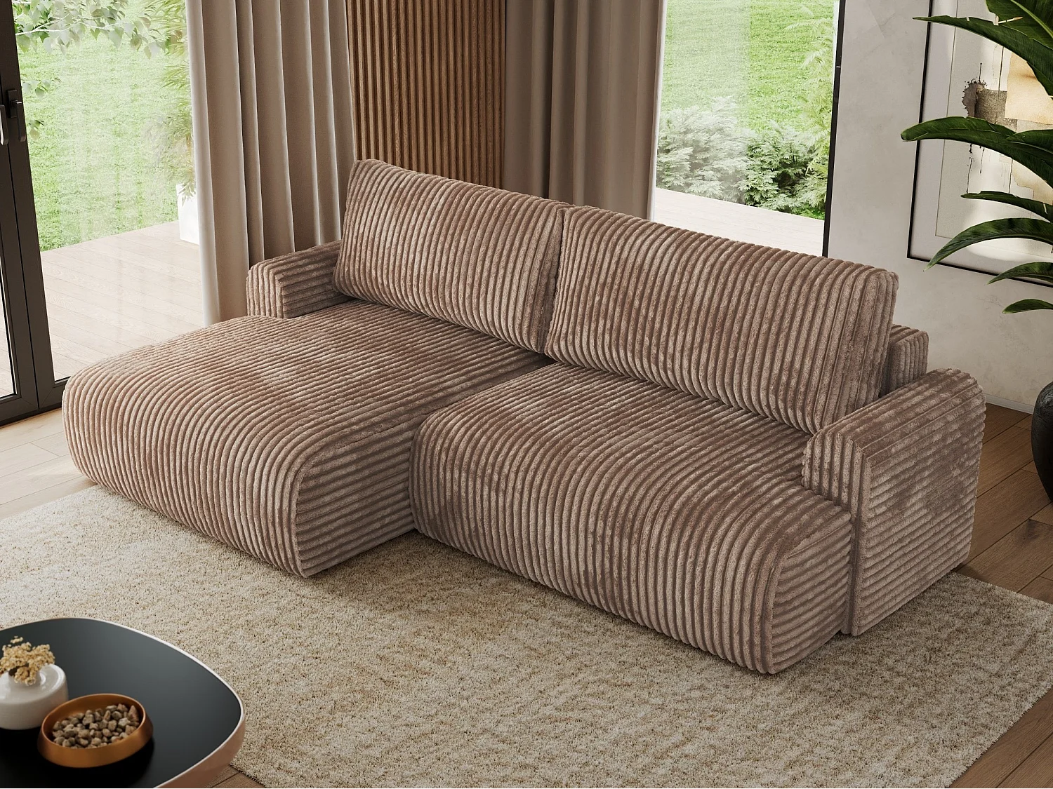 Ecksofa TONO - mit Schlaffunktion und Bettkasten, L-form Ecke, Armlehnen - Braun Cord - Ecke Links
