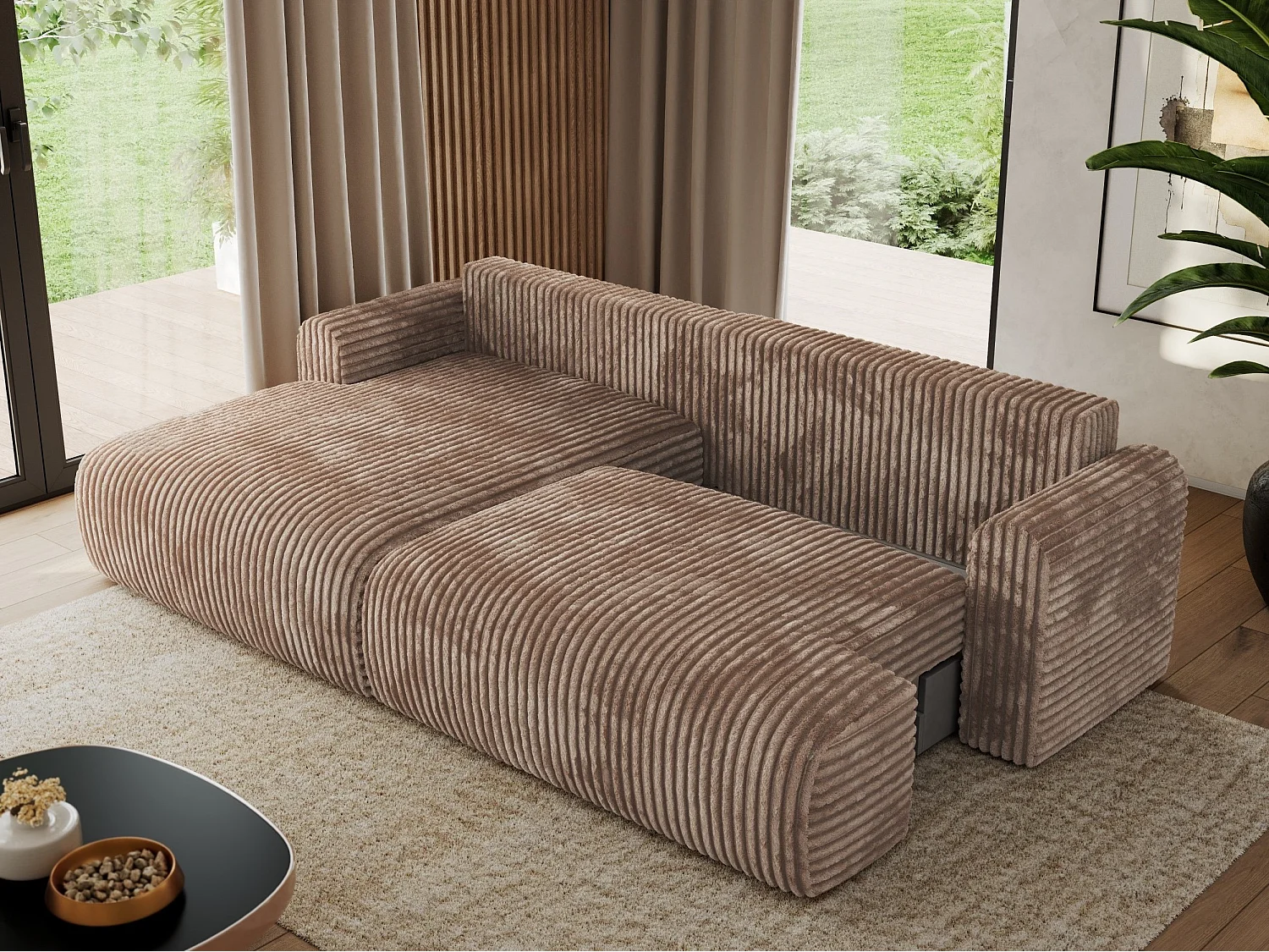 Ecksofa TONO - mit Schlaffunktion und Bettkasten, L-form Ecke, Armlehnen - Braun Cord - Ecke Links