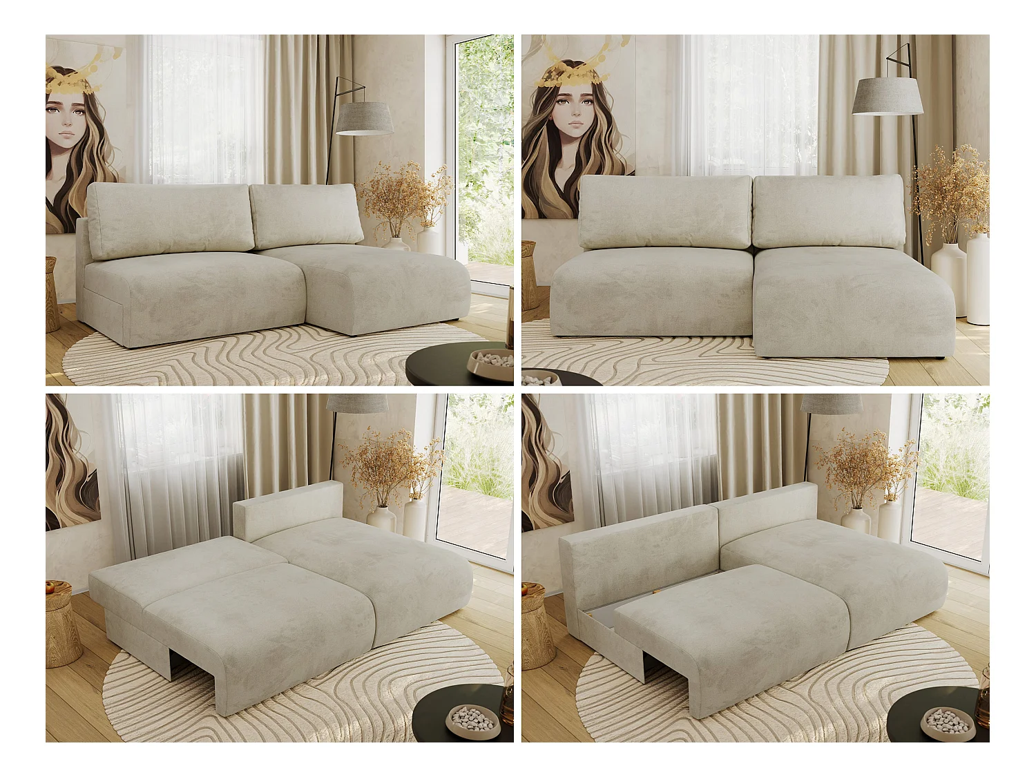 Ecksofa VIVO - L-form Couch mit Schlaffunktion und Bettkasten, Wellenfeder - Beige Velvet - Ecke Rechts