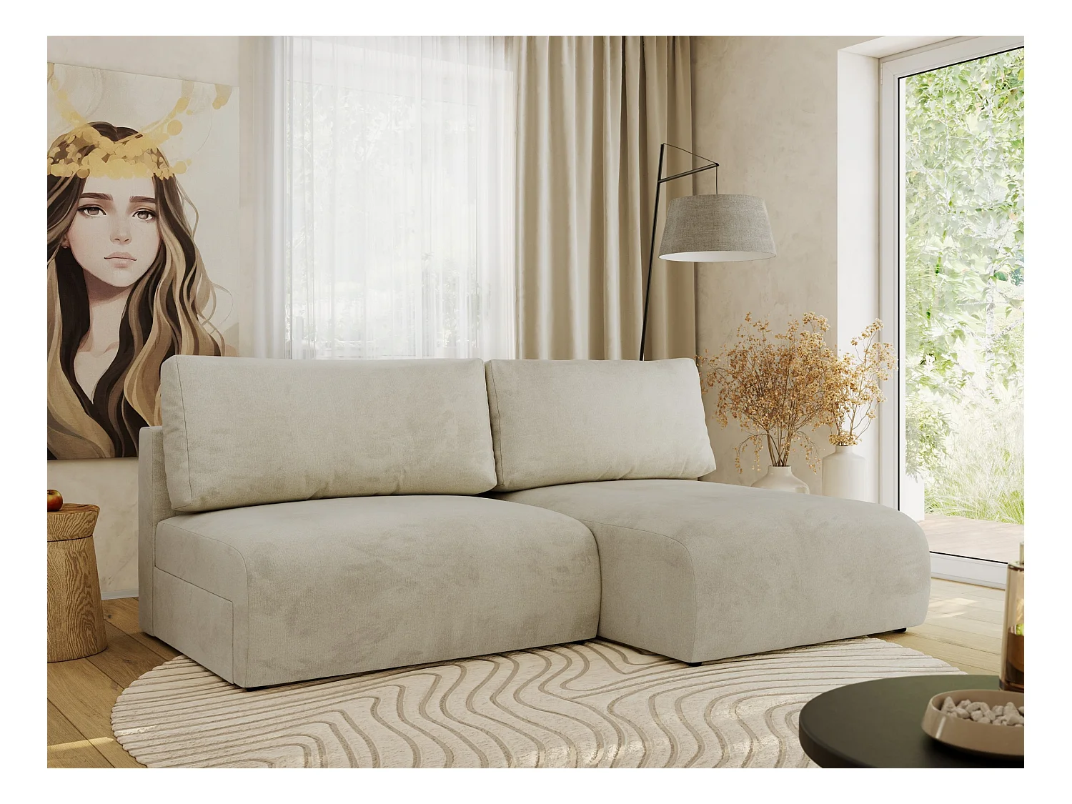 Ecksofa VIVO - L-form Couch mit Schlaffunktion und Bettkasten, Wellenfeder - Beige Velvet - Ecke Rechts