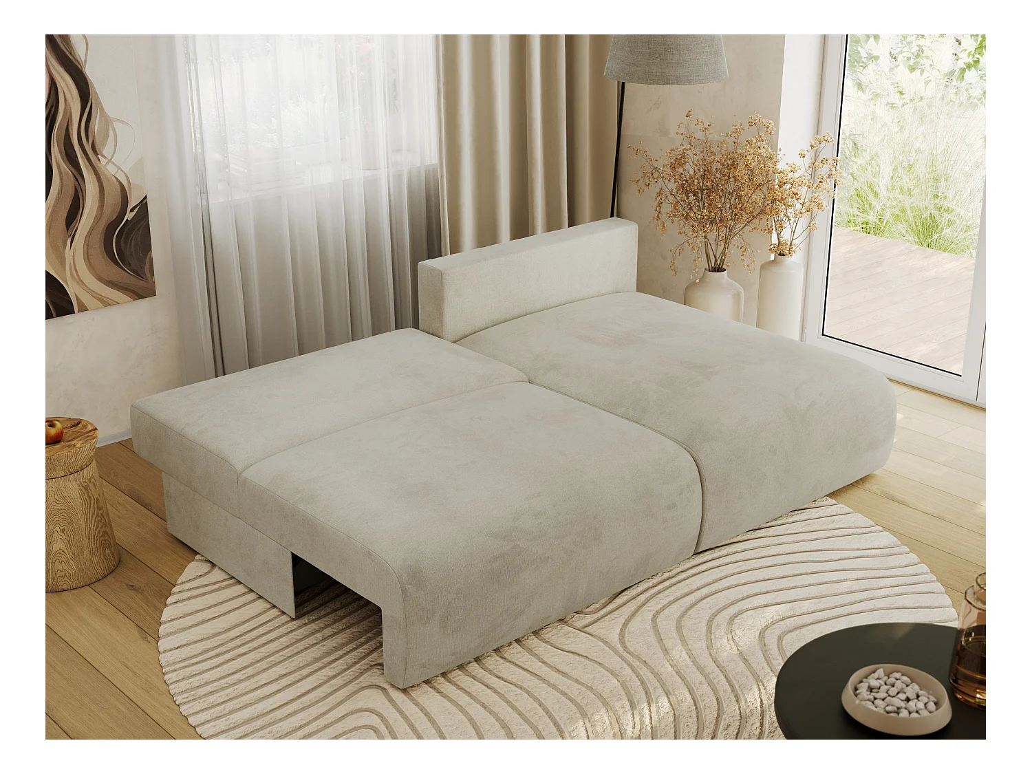 Ecksofa VIVO - L-form Couch mit Schlaffunktion und Bettkasten, Wellenfeder - Beige Velvet - Ecke Rechts