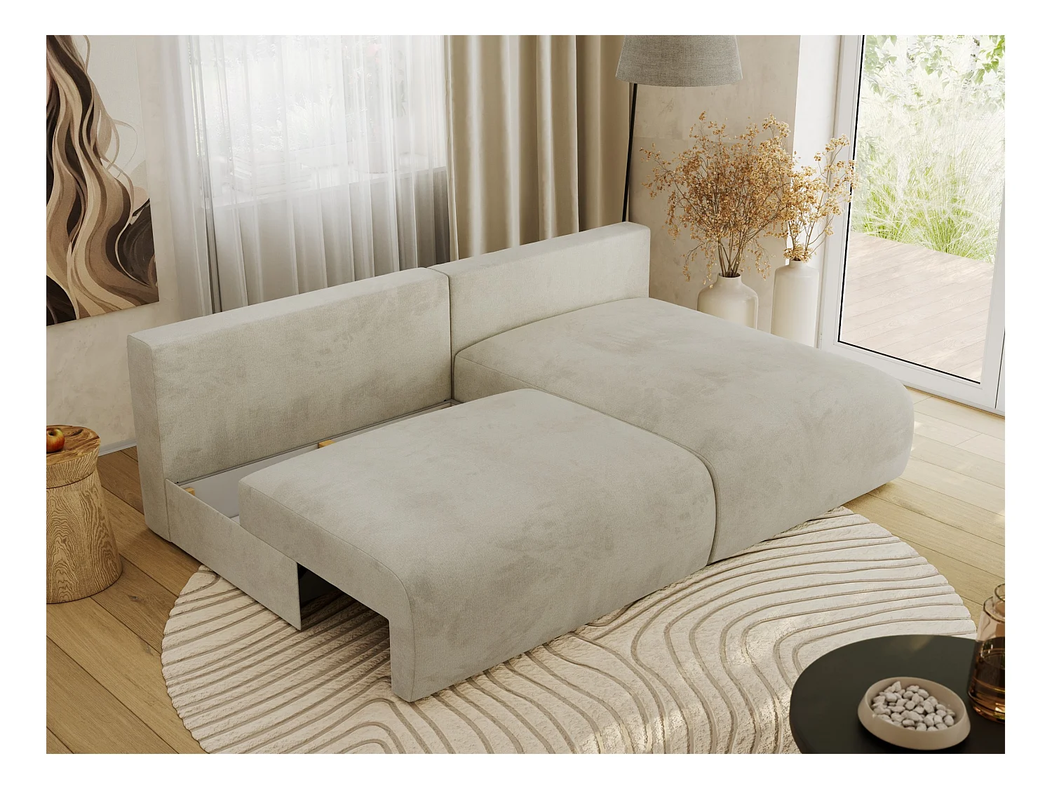 Ecksofa VIVO - L-form Couch mit Schlaffunktion und Bettkasten, Wellenfeder - Beige Velvet - Ecke Rechts
