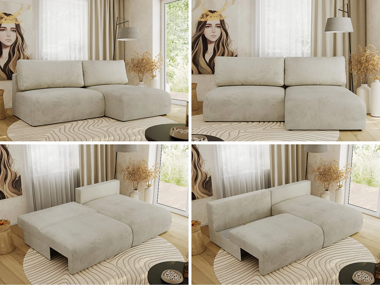 Ecksofa VIVO - L-form Couch mit Schlaffunktion und Bettkasten, Wellenfeder - Beige Velvet - Ecke Rechts