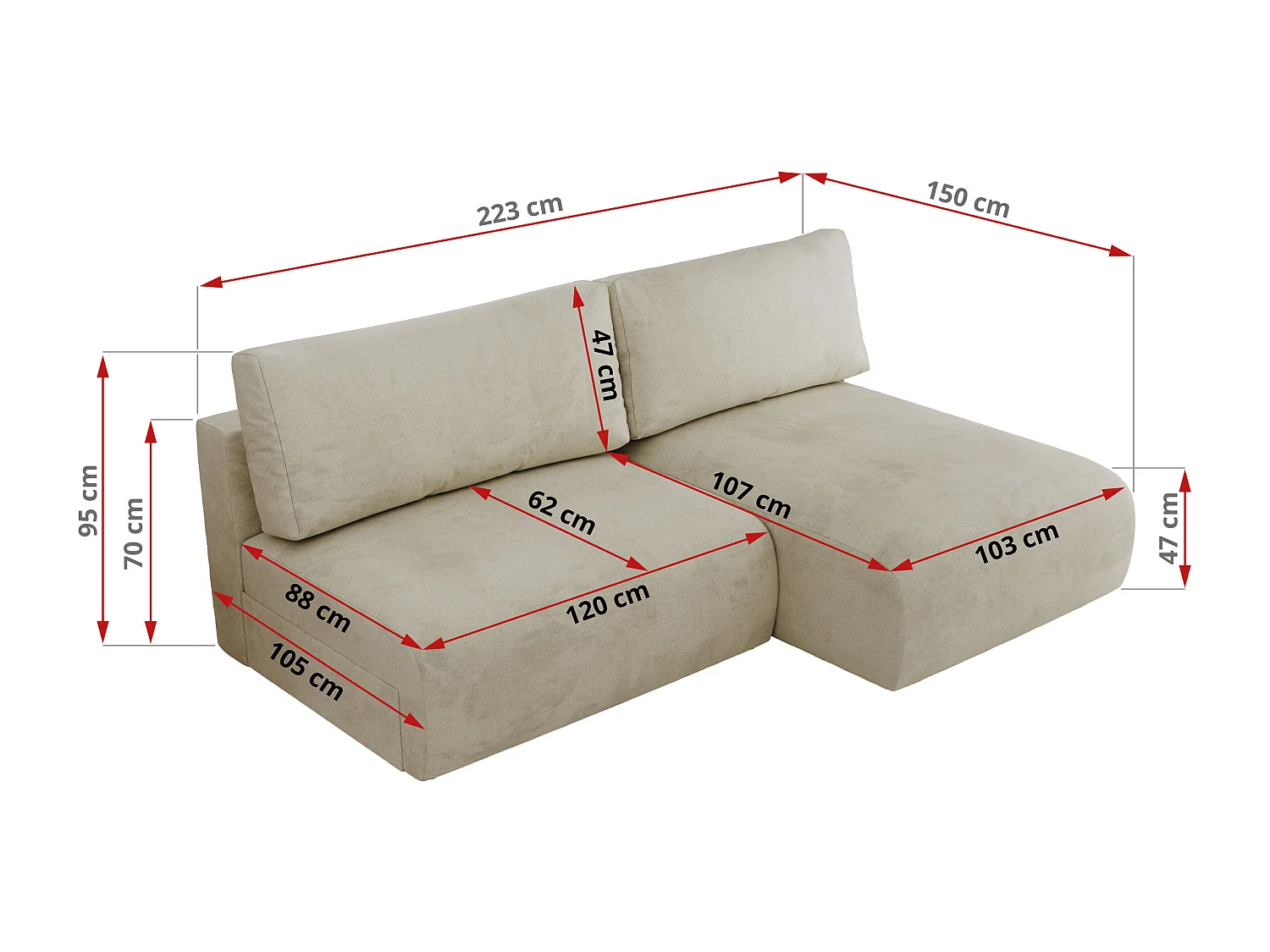 Ecksofa VIVO - L-form Couch mit Schlaffunktion und Bettkasten, Wellenfeder - Beige Velvet - Ecke Rechts