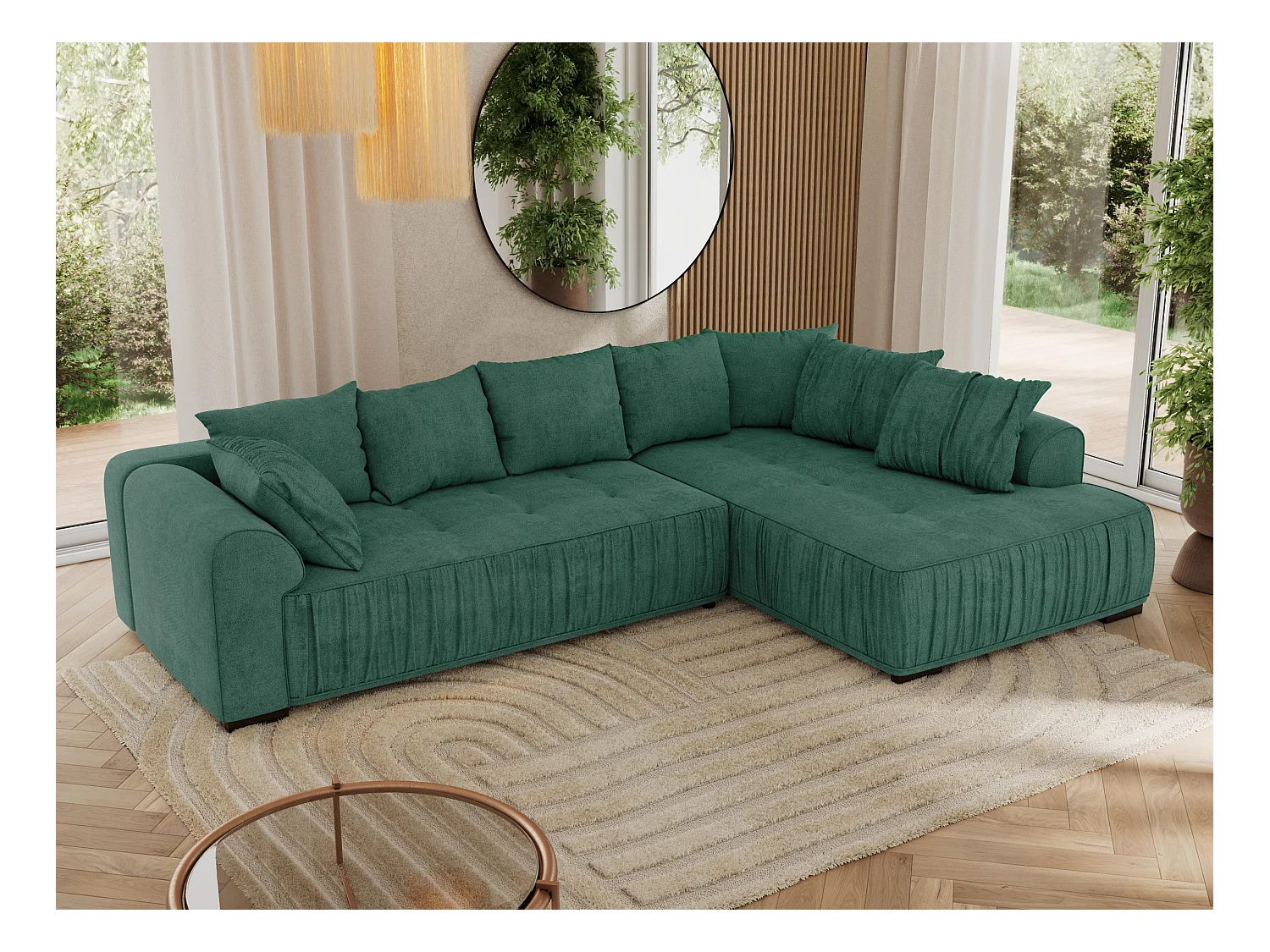 Ecksofa ORTA - Schlaffunktion und Bettkasten, lose Kissen, gesteppter Sitz, L-förmige Ecke - Grün Stukture - Ecke Rechts