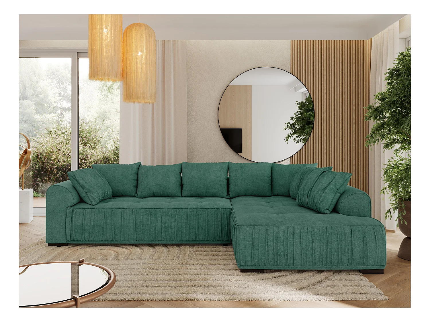 Ecksofa ORTA - Schlaffunktion und Bettkasten, lose Kissen, gesteppter Sitz, L-förmige Ecke - Grün Stukture - Ecke Rechts