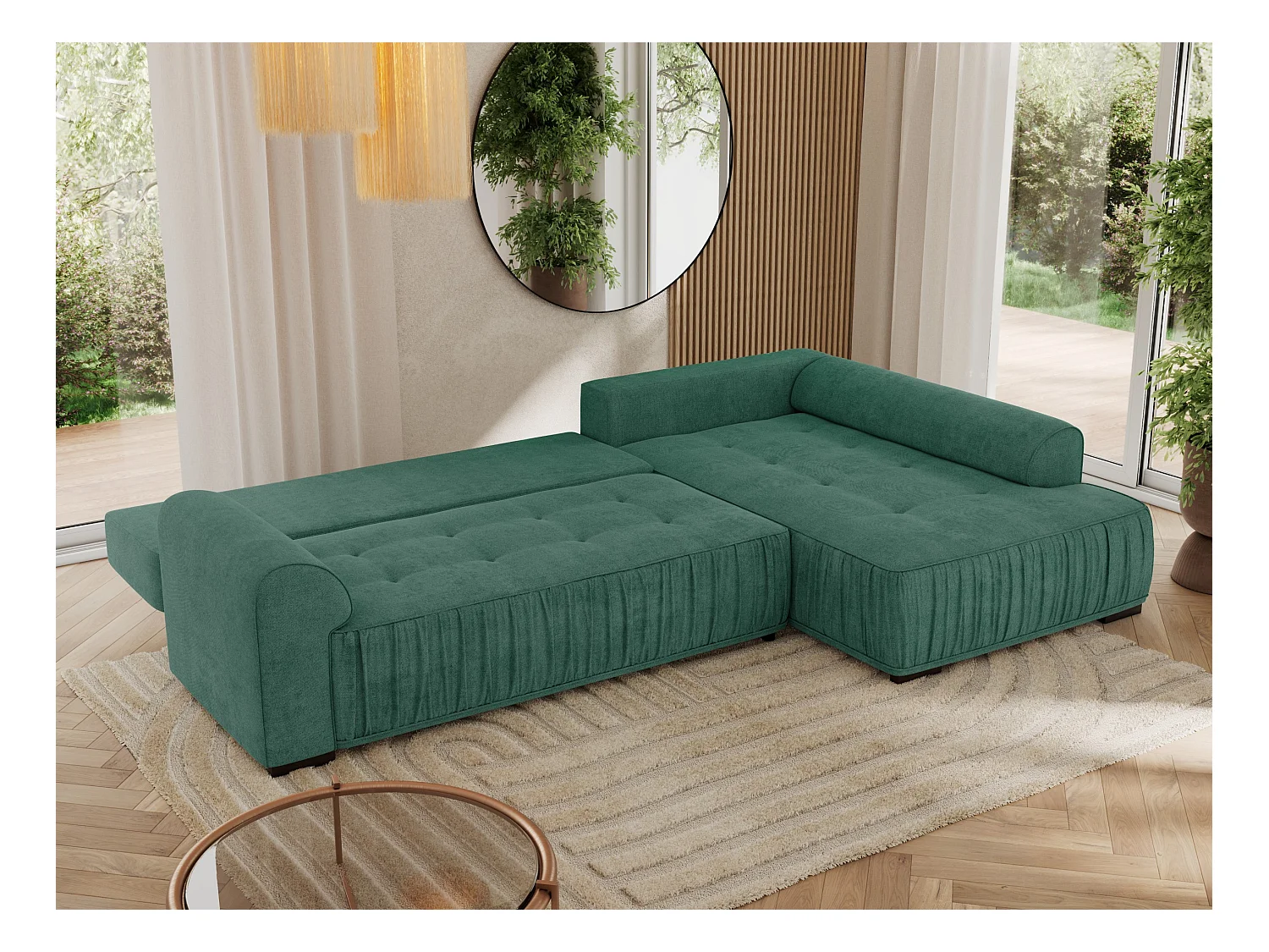 Ecksofa ORTA - Schlaffunktion und Bettkasten, lose Kissen, gesteppter Sitz, L-förmige Ecke - Grün Stukture - Ecke Rechts