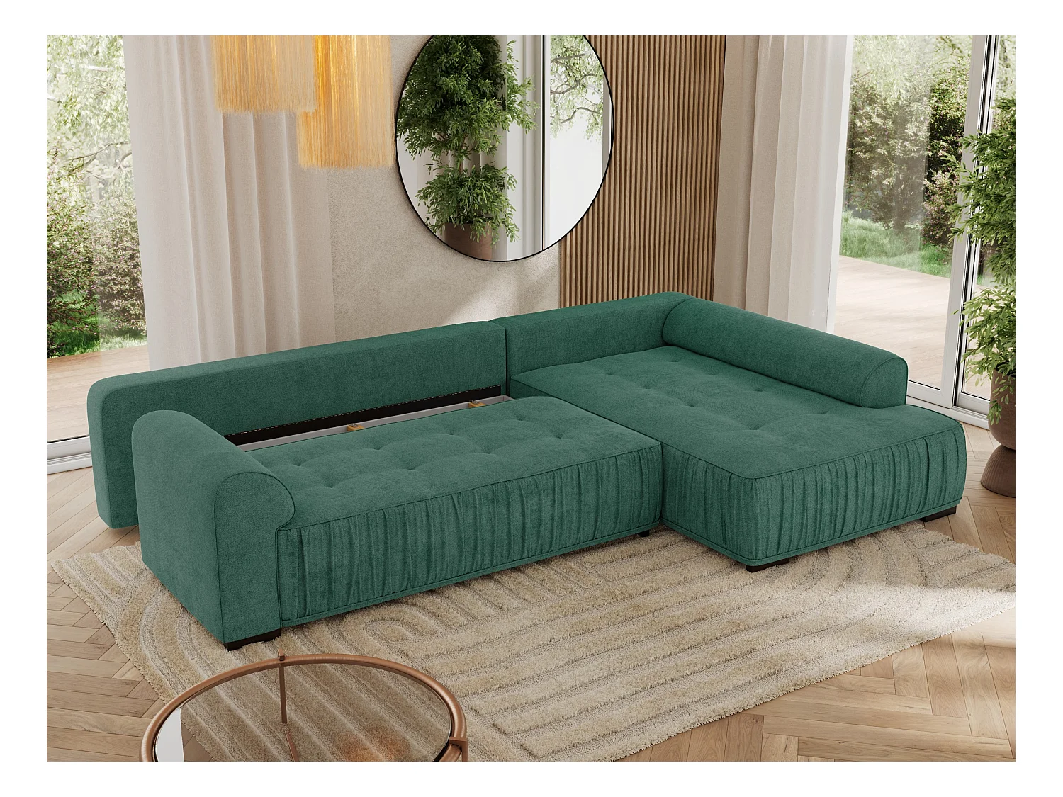 Ecksofa ORTA - Schlaffunktion und Bettkasten, lose Kissen, gesteppter Sitz, L-förmige Ecke - Grün Stukture - Ecke Rechts