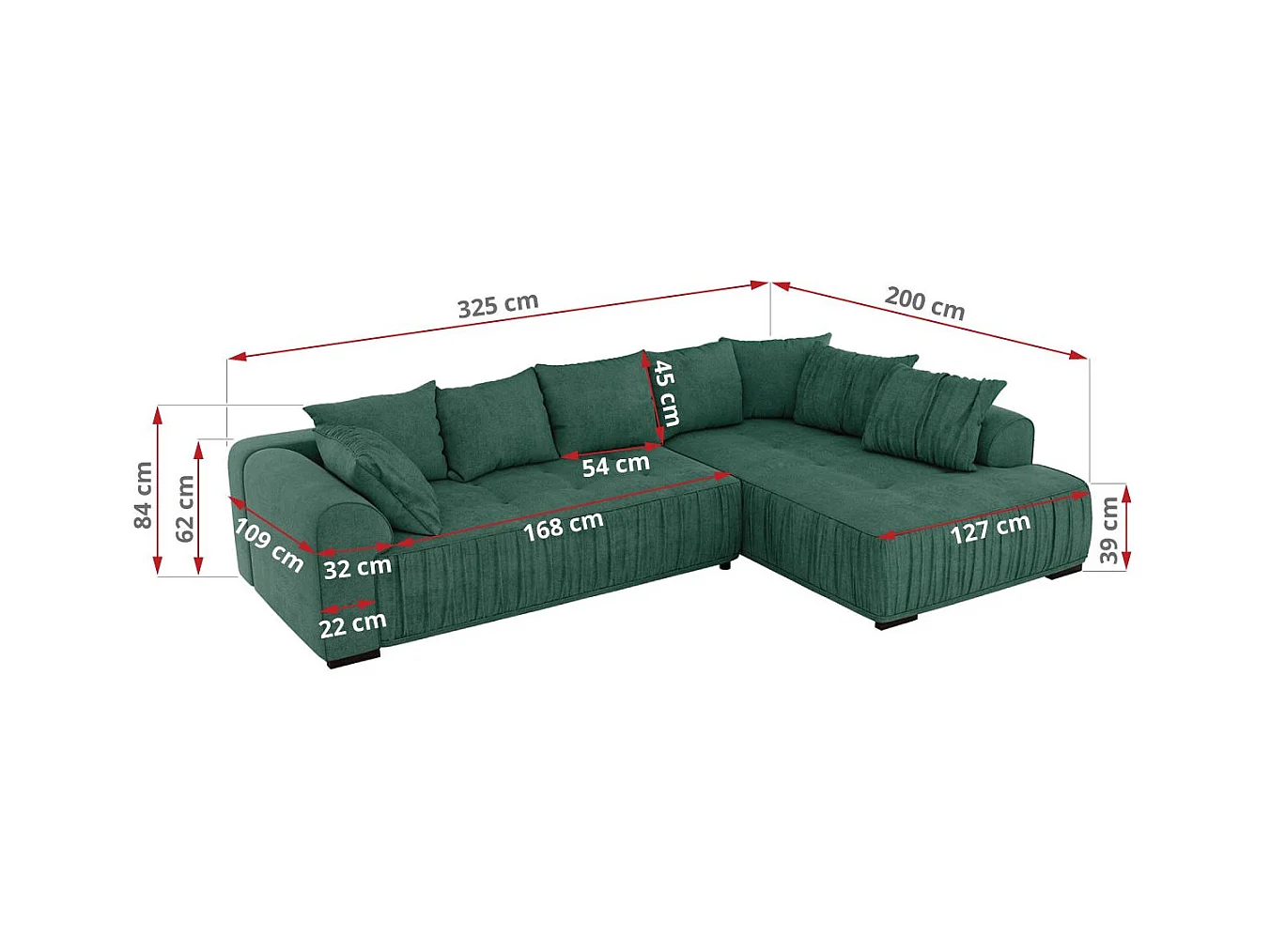 Ecksofa ORTA - Schlaffunktion und Bettkasten, lose Kissen, gesteppter Sitz, L-förmige Ecke - Grün Stukture - Ecke Rechts
