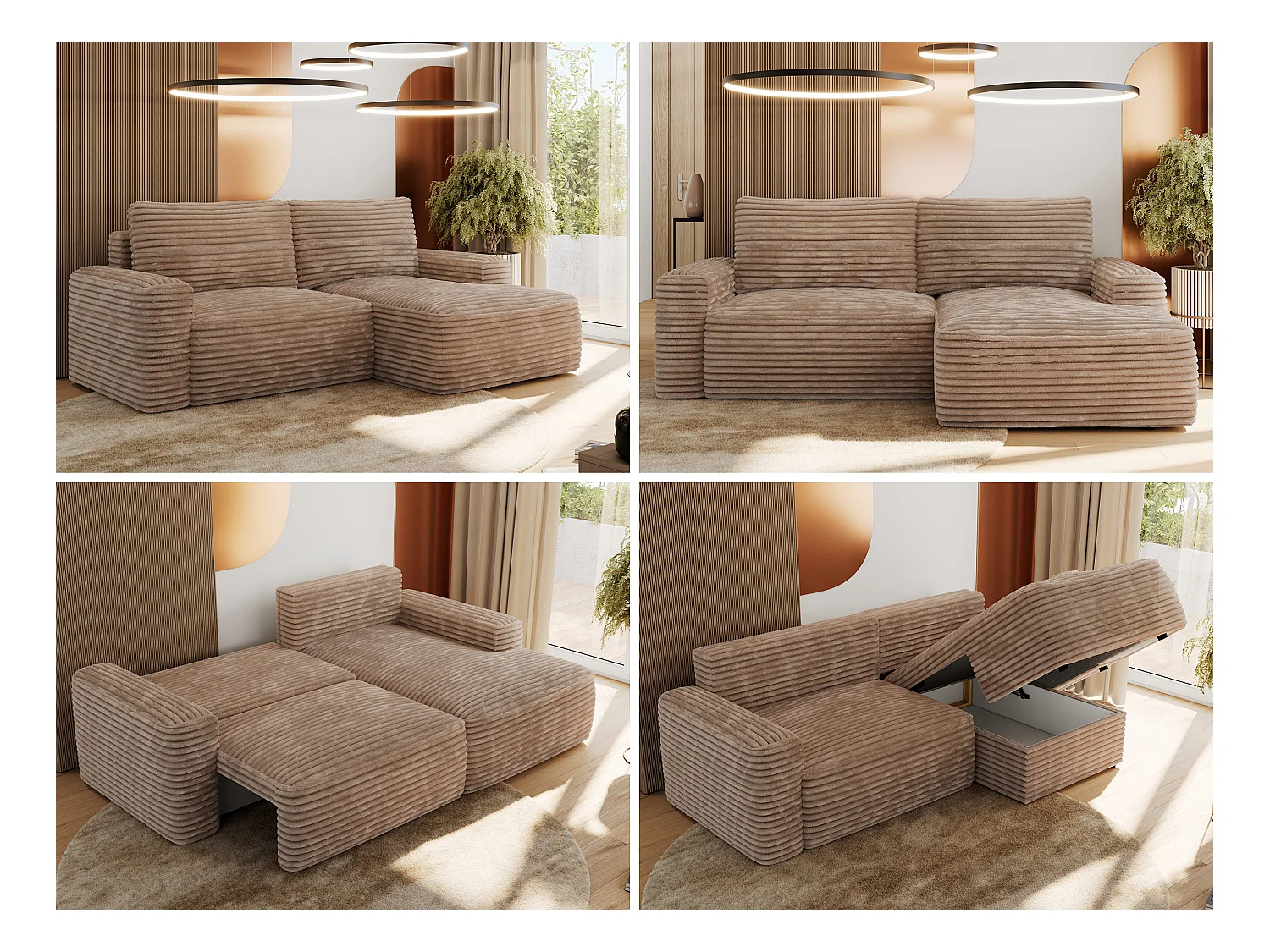 Ecksofa BELLUNO - Schlafsofa mit Bettkasten, Armlehnen, Couch L-form mit Schlaffunktion - Braun Cord - Ecke Rechts
