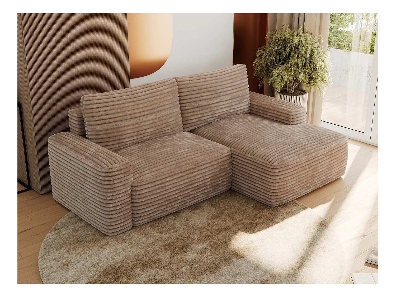 Ecksofa BELLUNO - Schlafsofa mit Bettkasten, Armlehnen, Couch L-form mit Schlaffunktion - Braun Cord - Ecke Rechts
