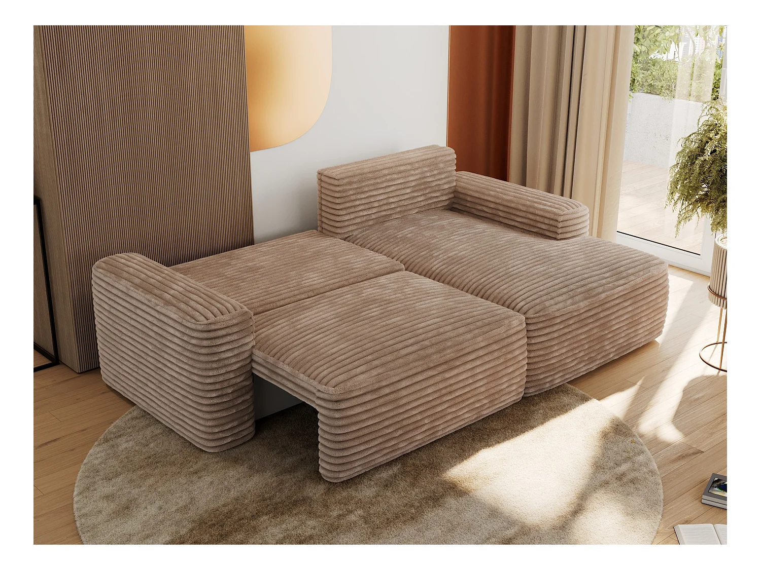 Ecksofa BELLUNO - Schlafsofa mit Bettkasten, Armlehnen, Couch L-form mit Schlaffunktion - Braun Cord - Ecke Rechts