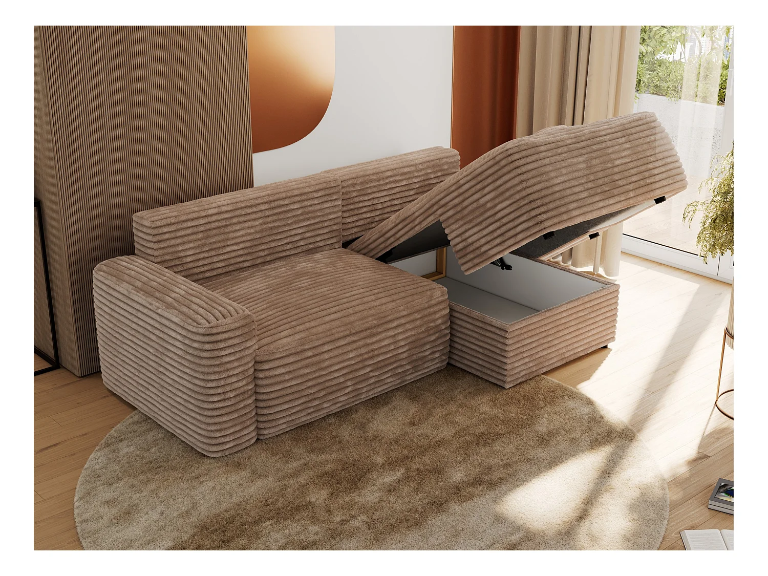 Ecksofa BELLUNO - Schlafsofa mit Bettkasten, Armlehnen, Couch L-form mit Schlaffunktion - Braun Cord - Ecke Rechts