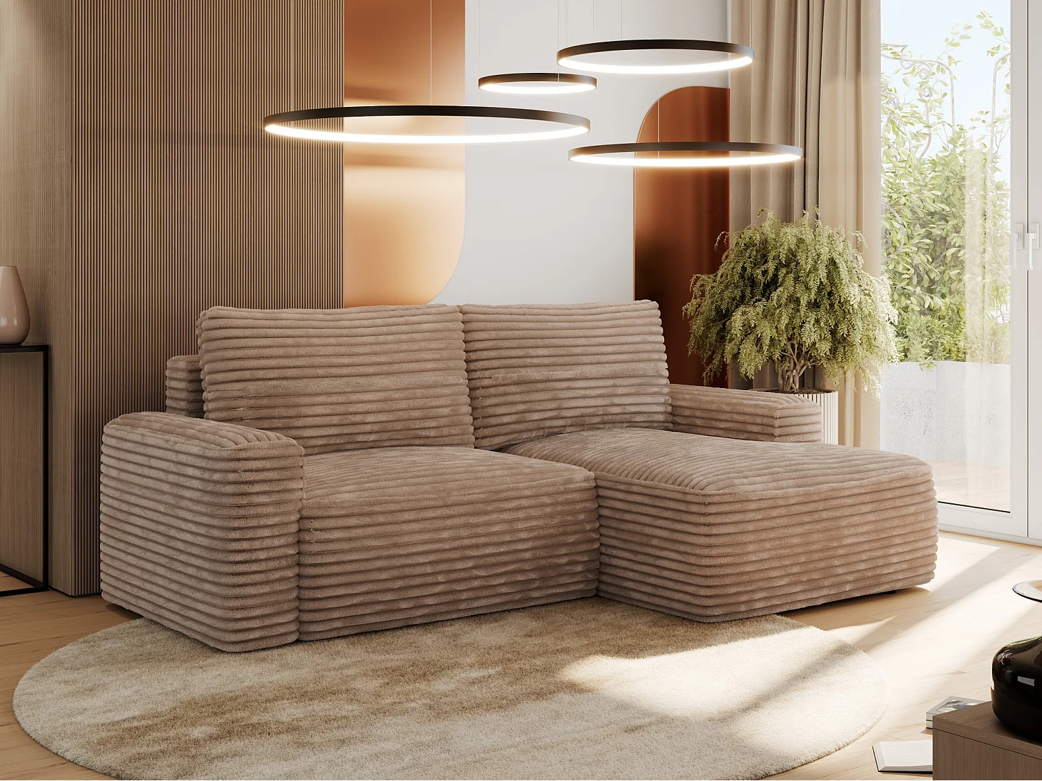 Ecksofa BELLUNO - Schlafsofa mit Bettkasten, Armlehnen, Couch L-form mit Schlaffunktion - Braun Cord - Ecke Rechts