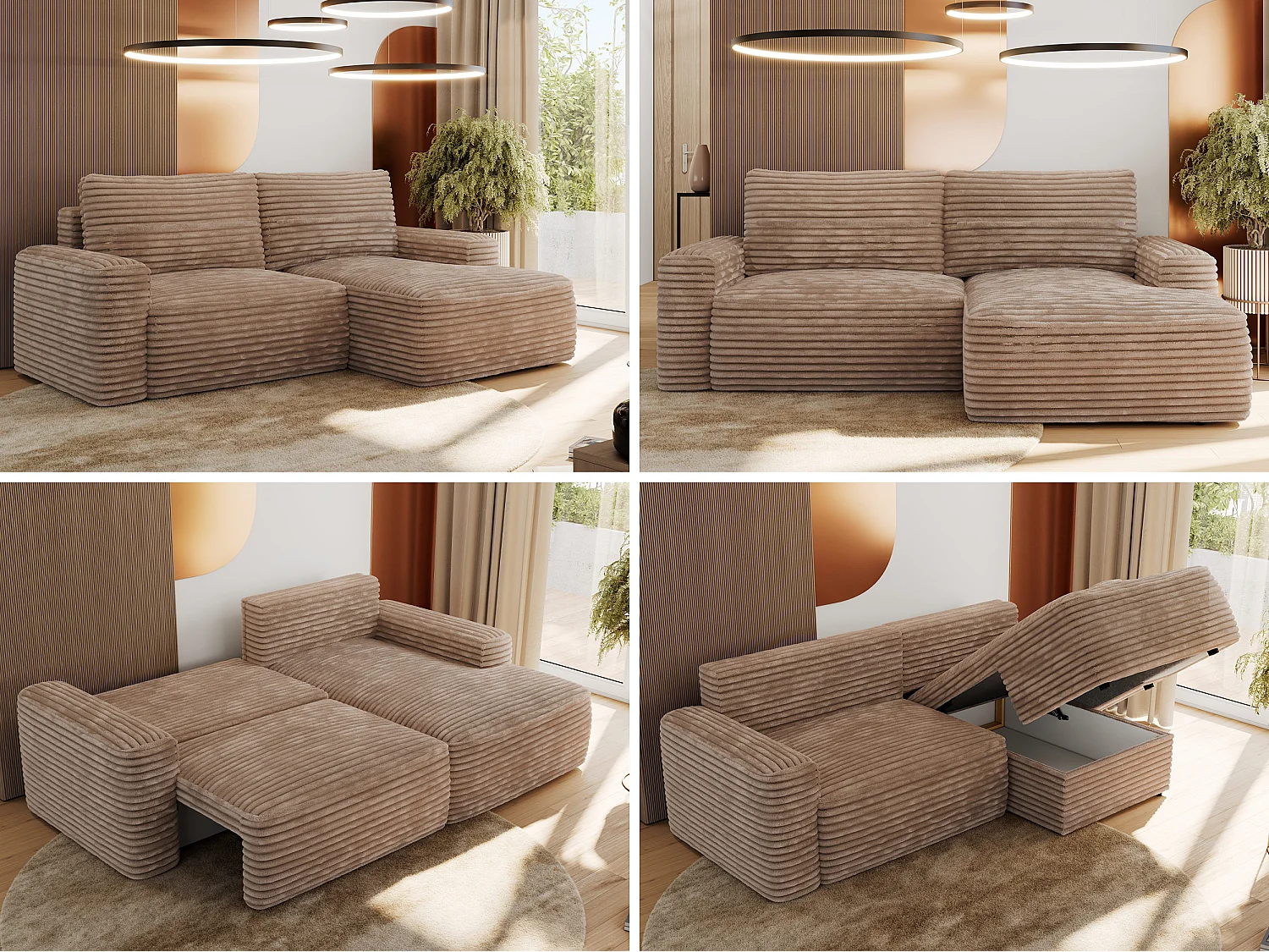 Ecksofa BELLUNO - Schlafsofa mit Bettkasten, Armlehnen, Couch L-form mit Schlaffunktion - Braun Cord - Ecke Rechts