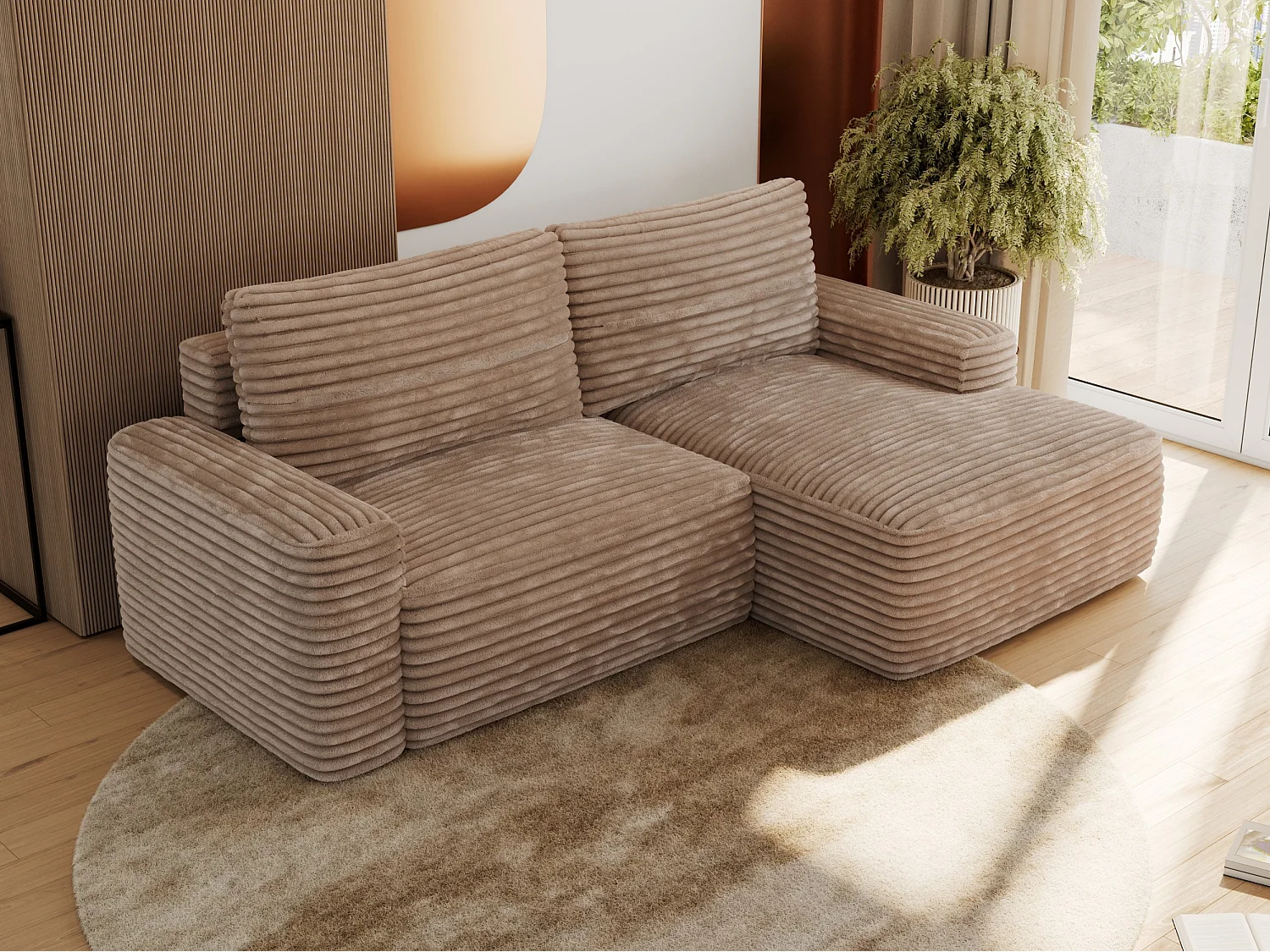 Ecksofa BELLUNO - Schlafsofa mit Bettkasten, Armlehnen, Couch L-form mit Schlaffunktion - Braun Cord - Ecke Rechts