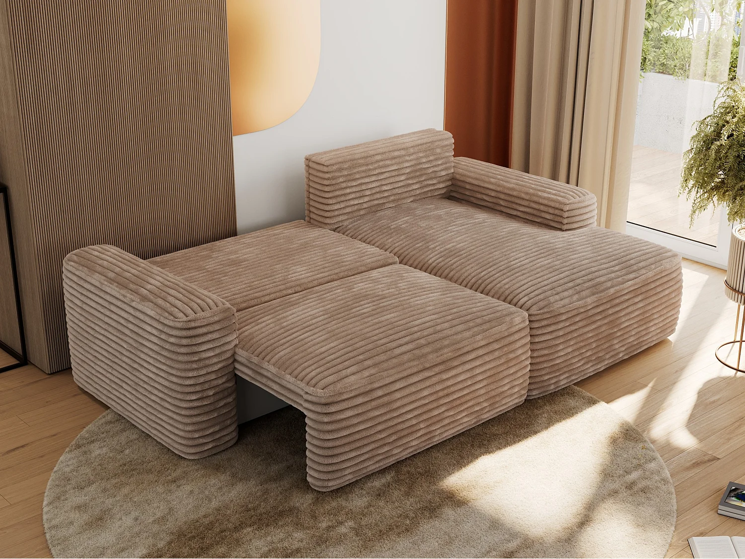 Ecksofa BELLUNO - Schlafsofa mit Bettkasten, Armlehnen, Couch L-form mit Schlaffunktion - Braun Cord - Ecke Rechts