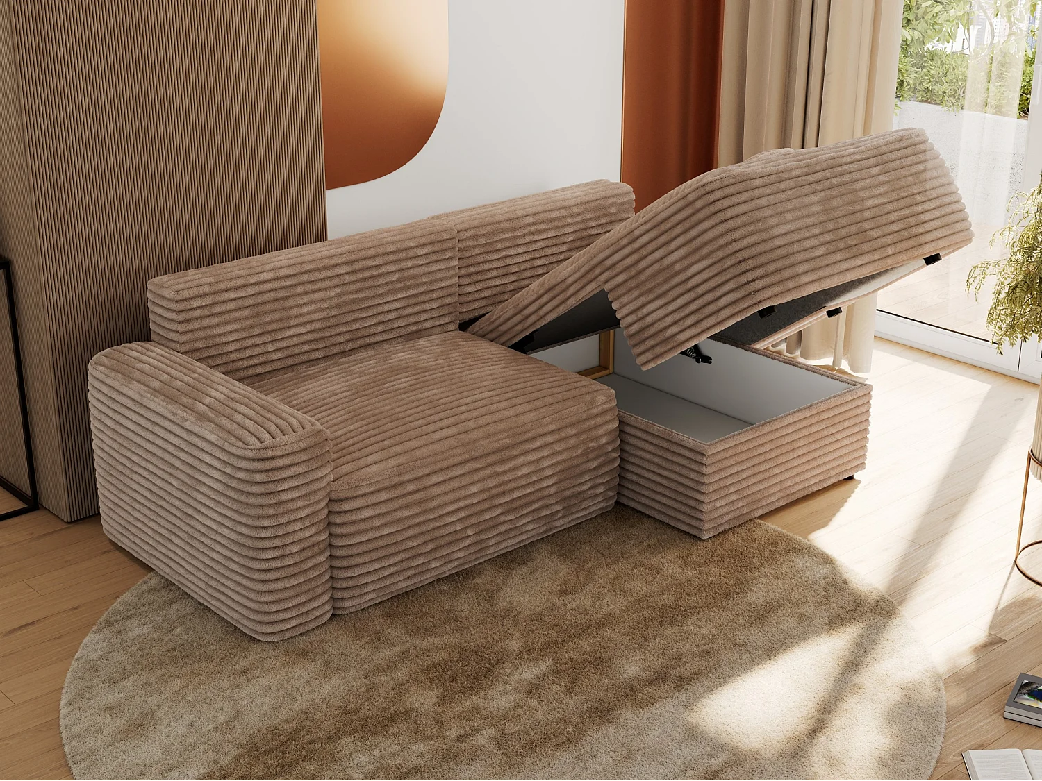 Ecksofa BELLUNO - Schlafsofa mit Bettkasten, Armlehnen, Couch L-form mit Schlaffunktion - Braun Cord - Ecke Rechts