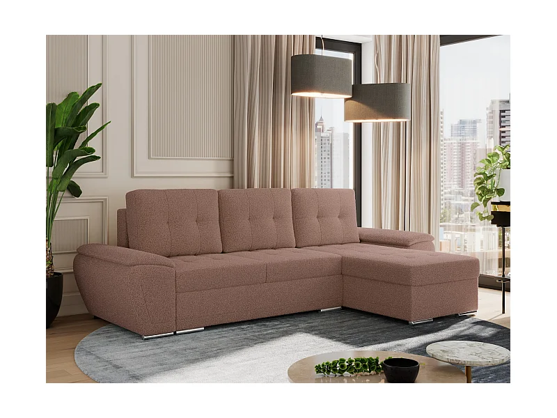 Ecksofa UMBRIA - universell L-form Couch, Schlaffunktion und Bettkasten, gesteppte Ecke - Rosa Boucle