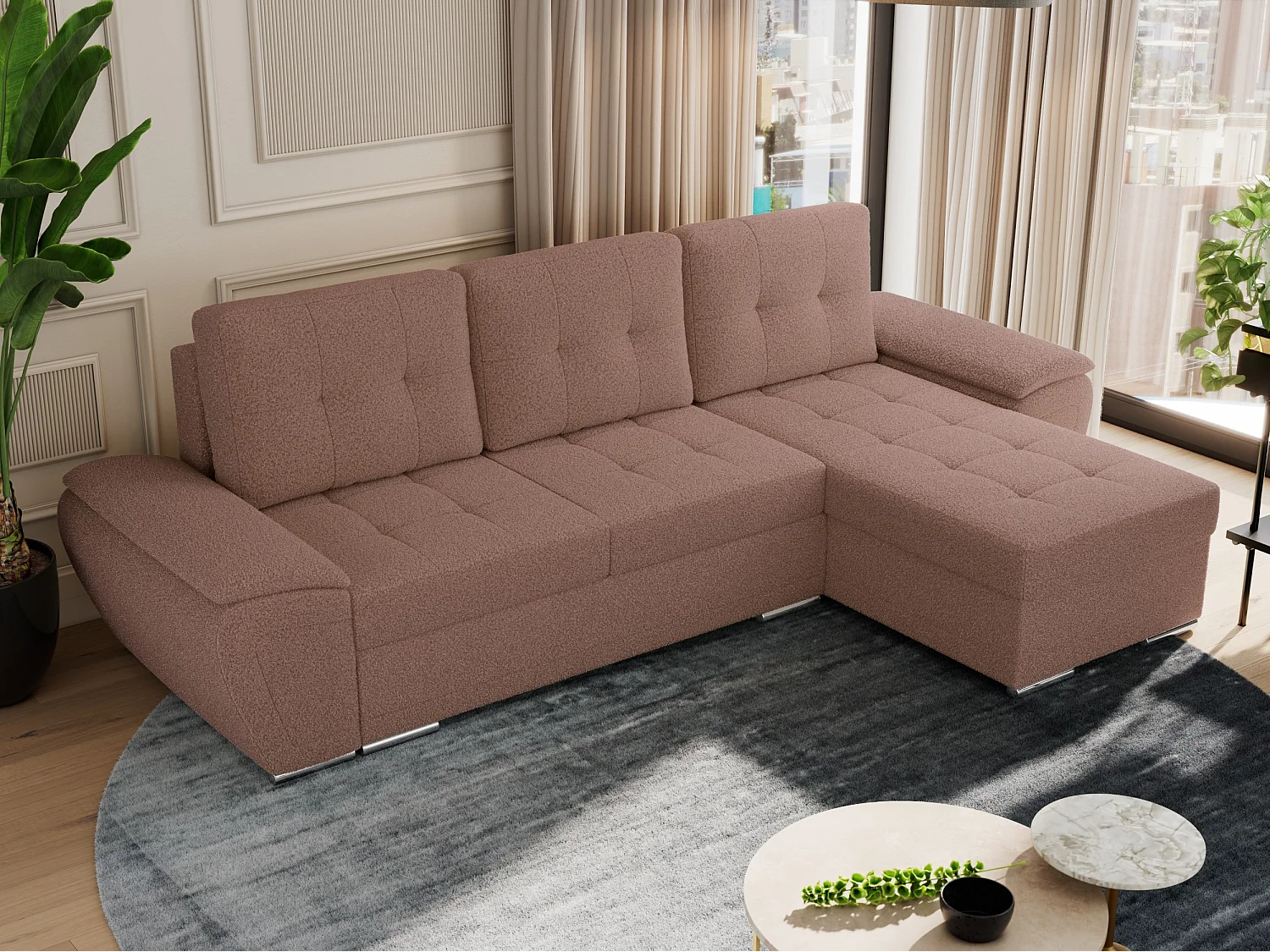 Ecksofa UMBRIA - universell L-form Couch, Schlaffunktion und Bettkasten, gesteppte Ecke - Rosa Boucle